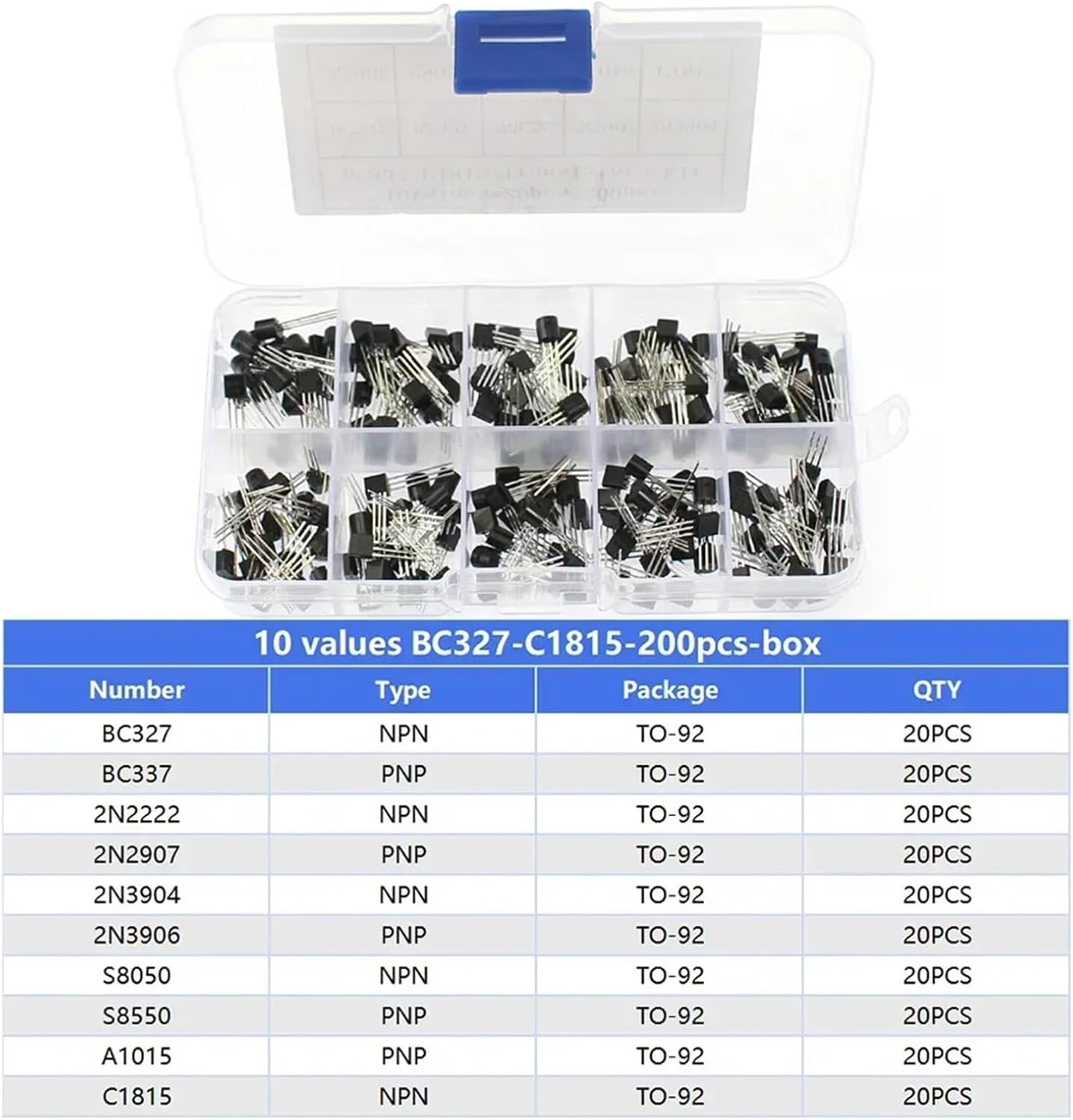 50-900pcs BJT Transistor Kit A1015 BC327 BC337 C1815 S8050 S8850 2N2222 2N2907 2N3904 2N3906 TO92 PNP NPN Triode Transistors Set(A1015-2N5551-900pcs)