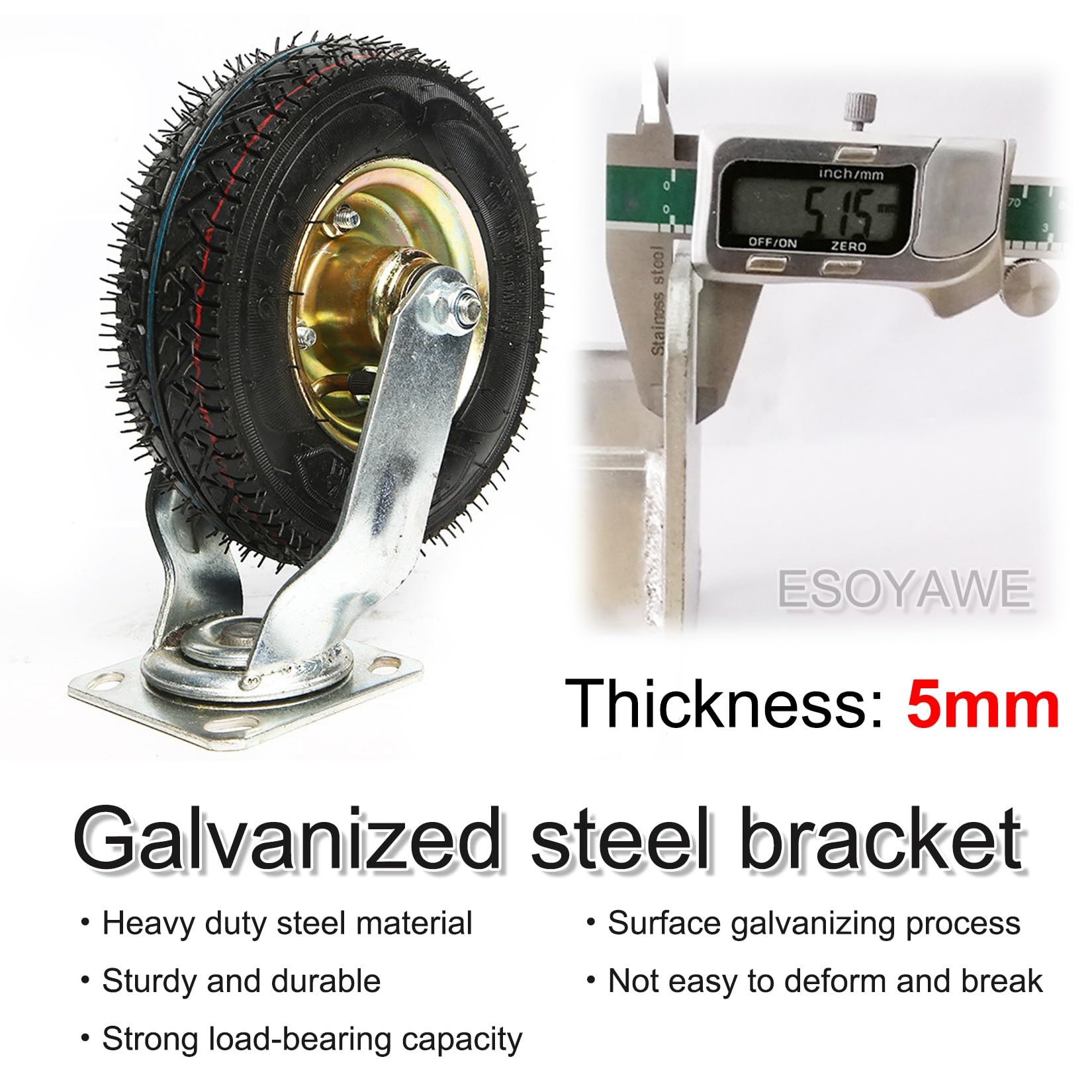 ESOYAWE Schwerlastrollen Transportrollen 2er Set, 150mm 200mm 250mm Luftreifen Gummi Bockrolle, 360 Grad Drehbar Ersatz Lenkrolle Für Trolleys, Tragfähigkeit 125KG Pro Industrierollen