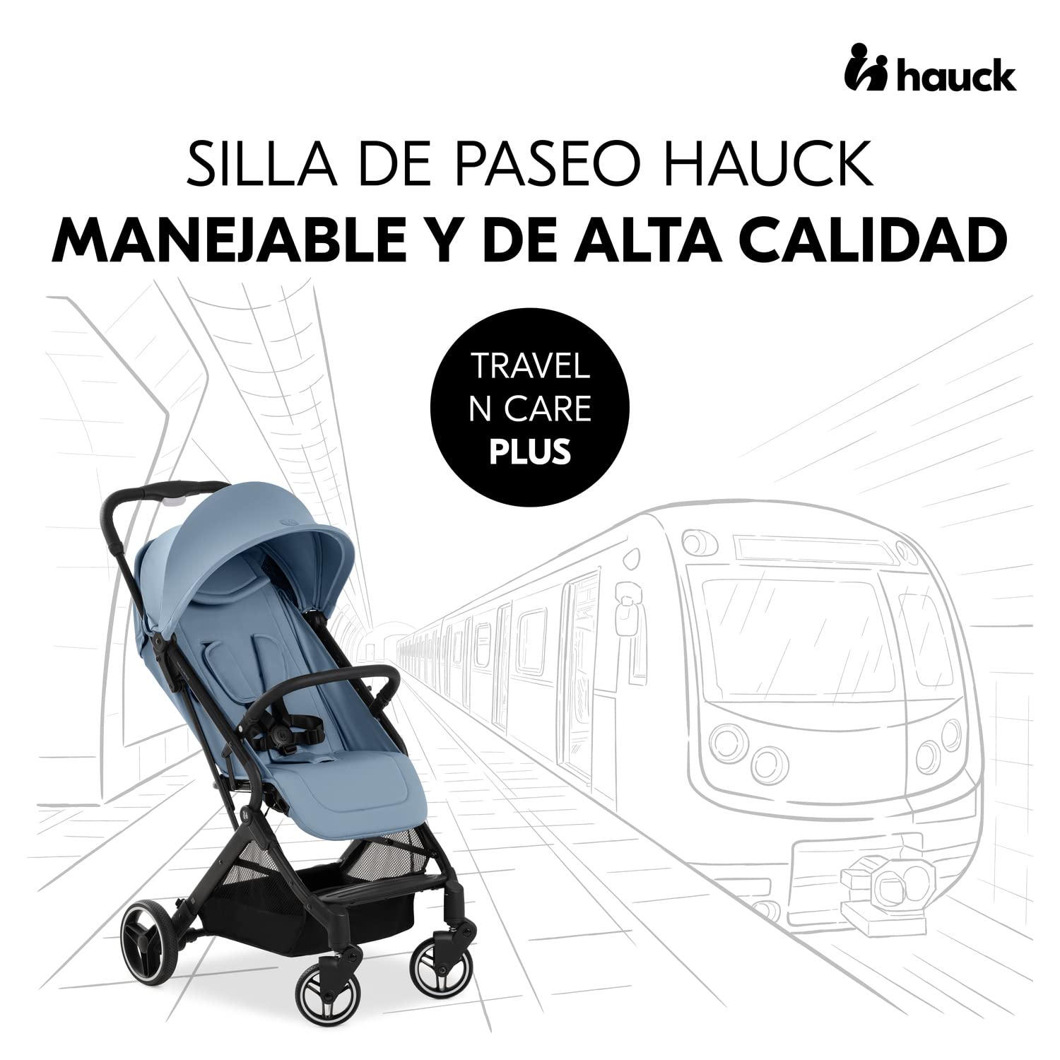 hauck Travel N Care Plus Carrito Bebé Ligero hasta 22 kg - Silla de Paseo Reclinable y Plegable - Ruedas Grandes Antipinchazos - Suspensión - UV 50+ - Cesta Grande - Azul