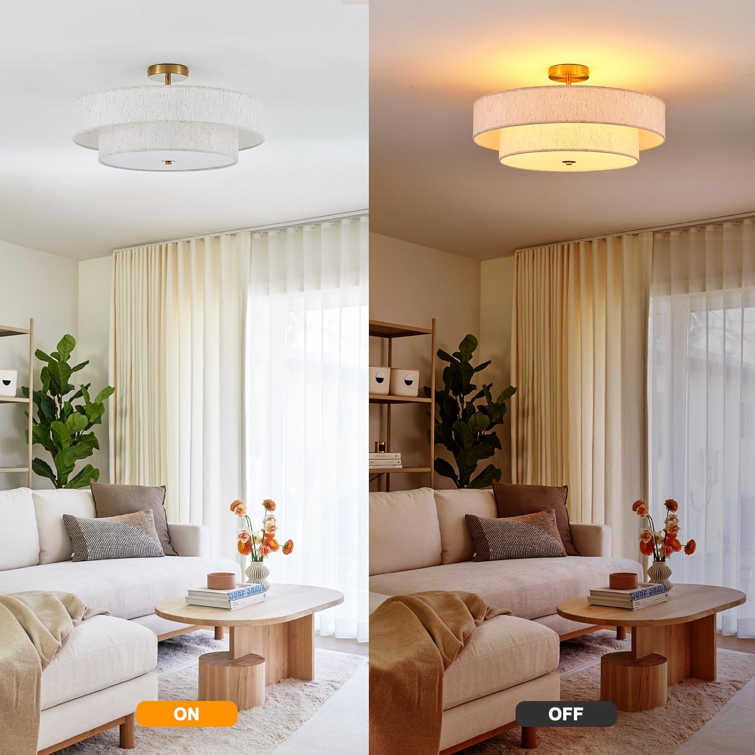 Modern Semi Flush Mount Ceiling Light 21.7" Modern Gold 4-Lights Drum Ceiling Lighting Fixture Vintage Linen Golden Ceiling Lamp for Laundry Room, Kitchen, Living Room, Dining Room, Bedroom