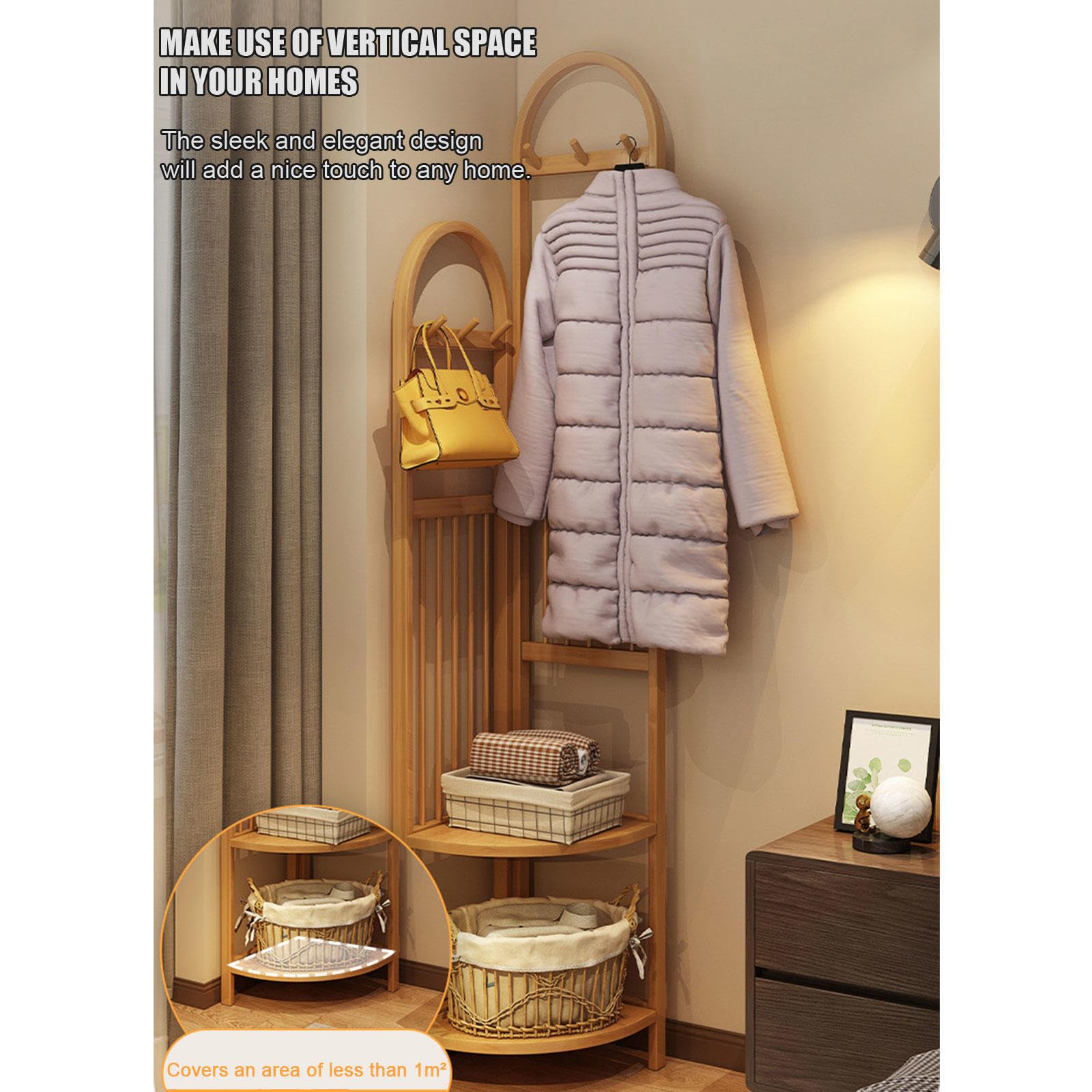 Scaffali Appendiabiti Appendiabiti, Appendiabiti in bambù con ripiano, Appendiabiti da ingresso, Appendiabiti ad angolo da terra con 6 ganci per cappelli, Borse per vestiti, Scarpe, Colore noce,