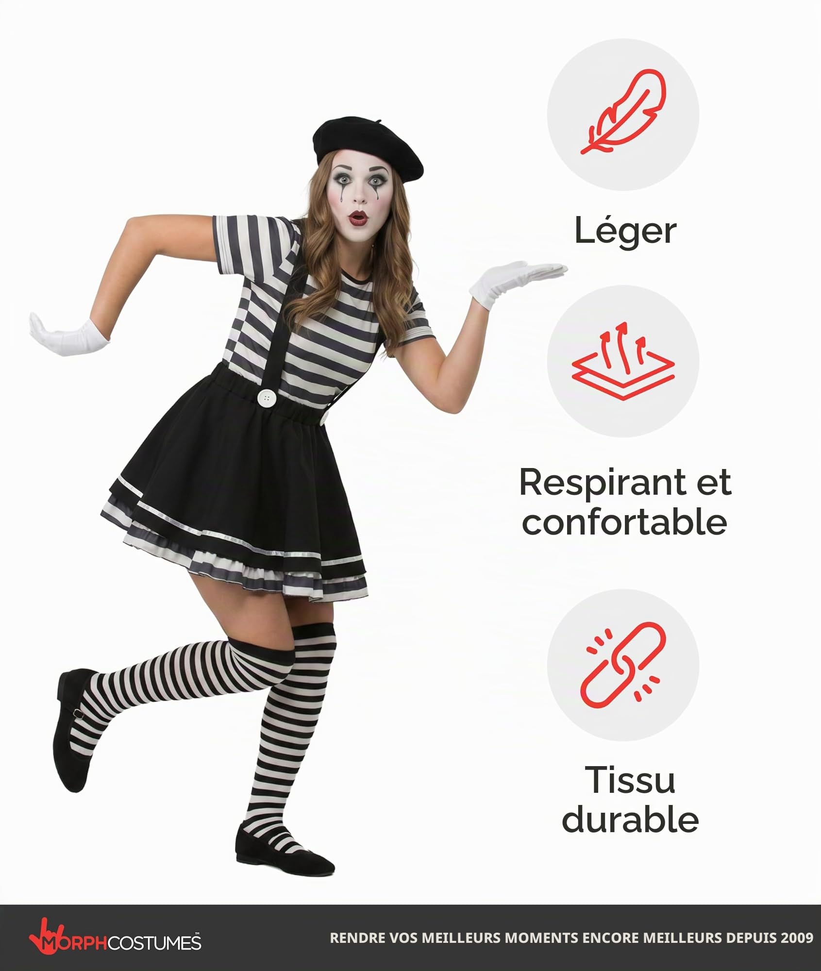 Fun Shack Deguisement Mime Femme, Costume Mime Halloween Femme, M | T-Shirt, Jupe à Bretelles, Chaussettes, Chapeau & Gants, Style Mime Français, Parfait pour Halloween, Idéal pour se Déguiser