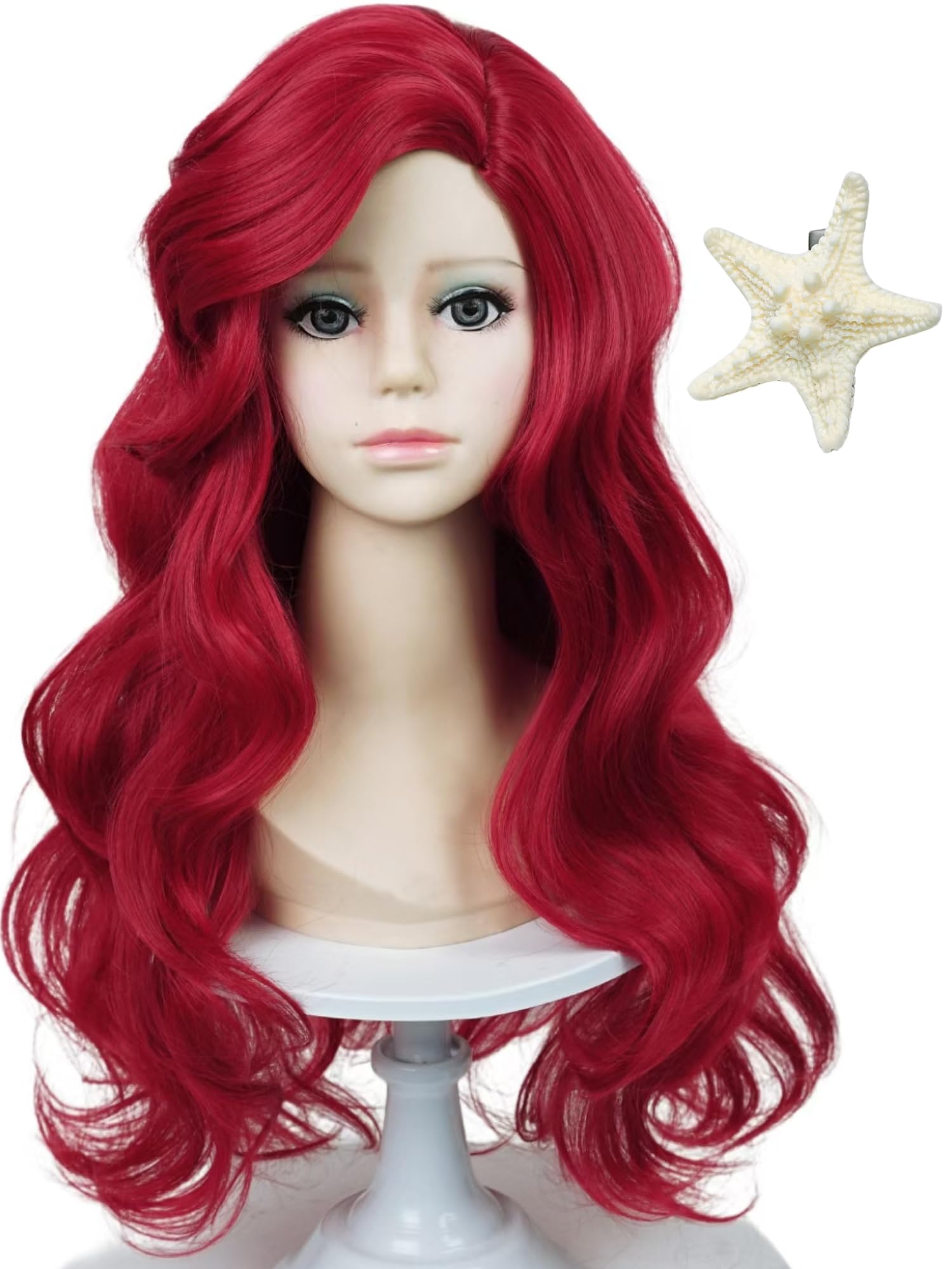 Dark Red Curly Mermaid Wig and Starfish Hairpin 21'' Long Wine Red Wave Mermaid Costume Wigs for Halloween Party Costumes