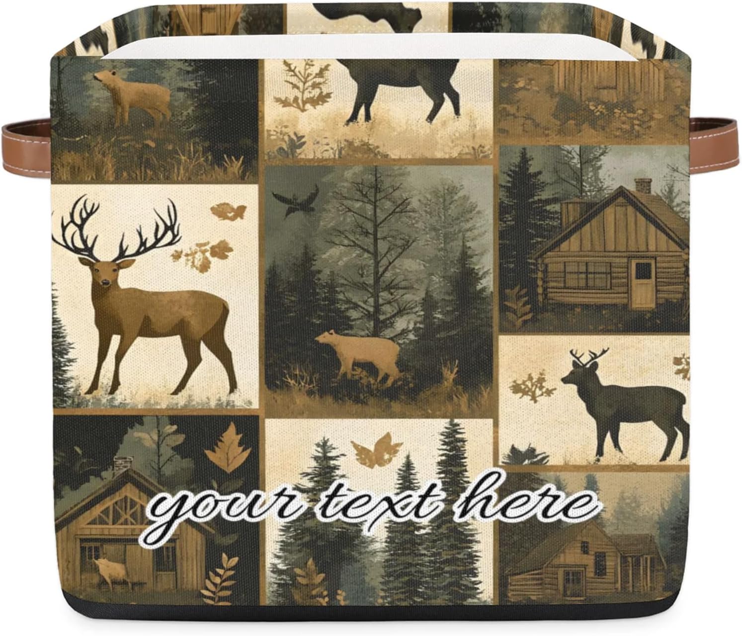 Rustic Cabin Personalized Storage Basket Vintage Country Deer Moose Forest Custom Name 13 Inch Collapsible Storage Bins with Handles Decorative Storage Box for Closet, Clothes