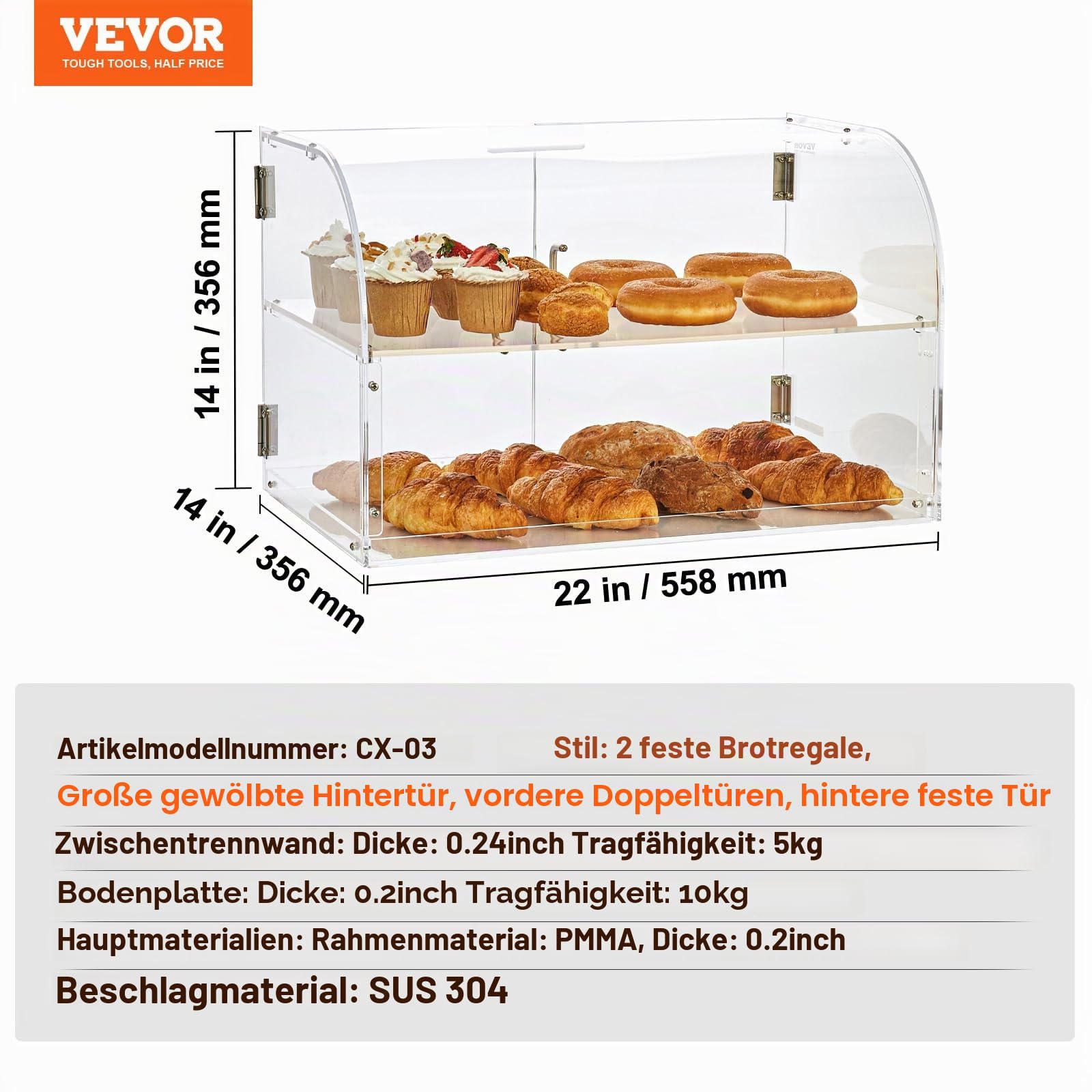 VEVOR 3-stöckige Gebäck-Vitrine, Kommerzielle Bäckerei-Vitrine 558 x 356 x 356 mm, Acryl-Vitrine mit mit stabilen Doppelscharnieren, Bäckerei Konditorei Vitrine für Donut-Bagels, Kuchen, Kekse usw.