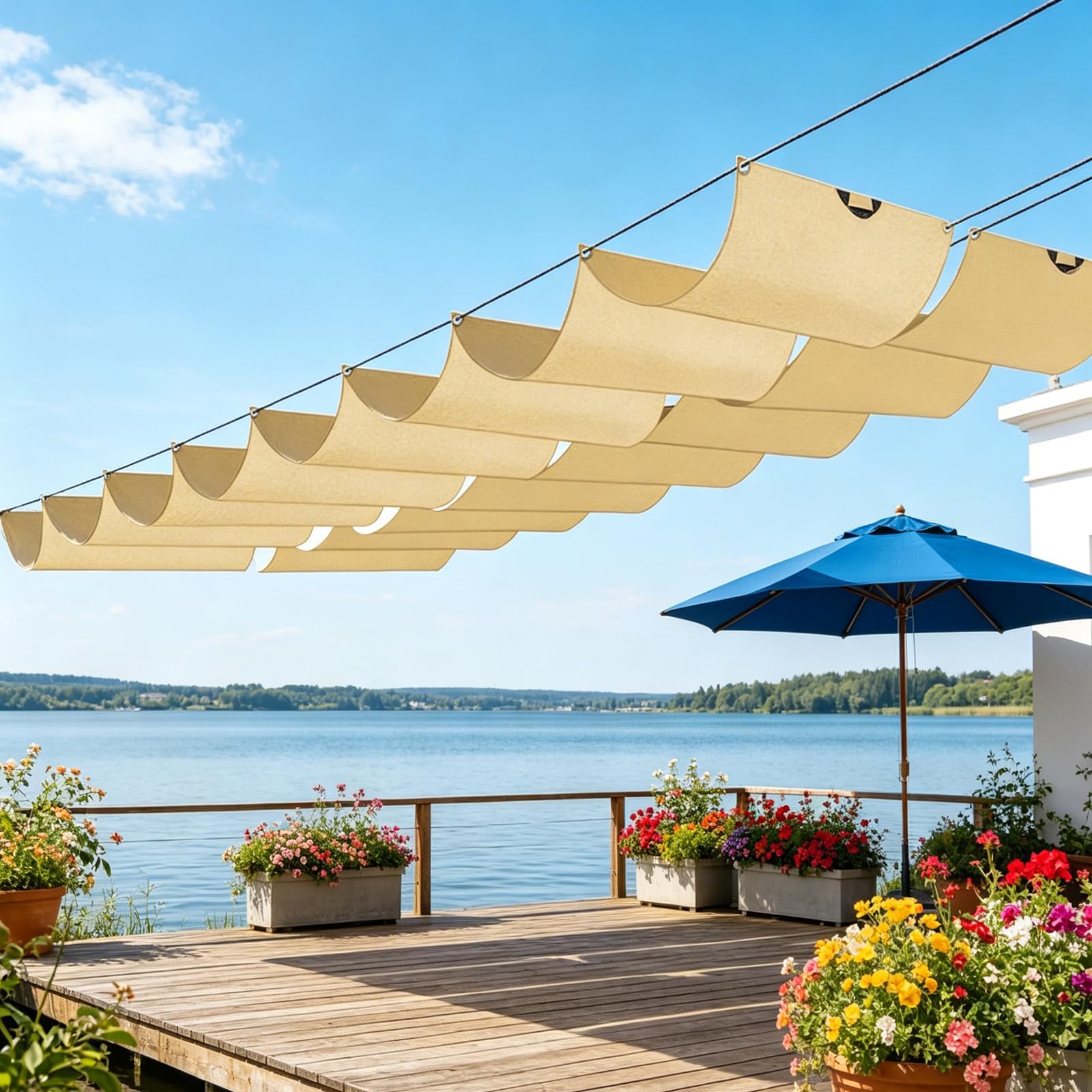 Sun Shade Sail Retractable Wave,Outdoor Water Resistant Retractable Wave Awning Canopy 98% UV Block,for Patio Garden Lawn,Rope Fixing-Beige||150x750cm