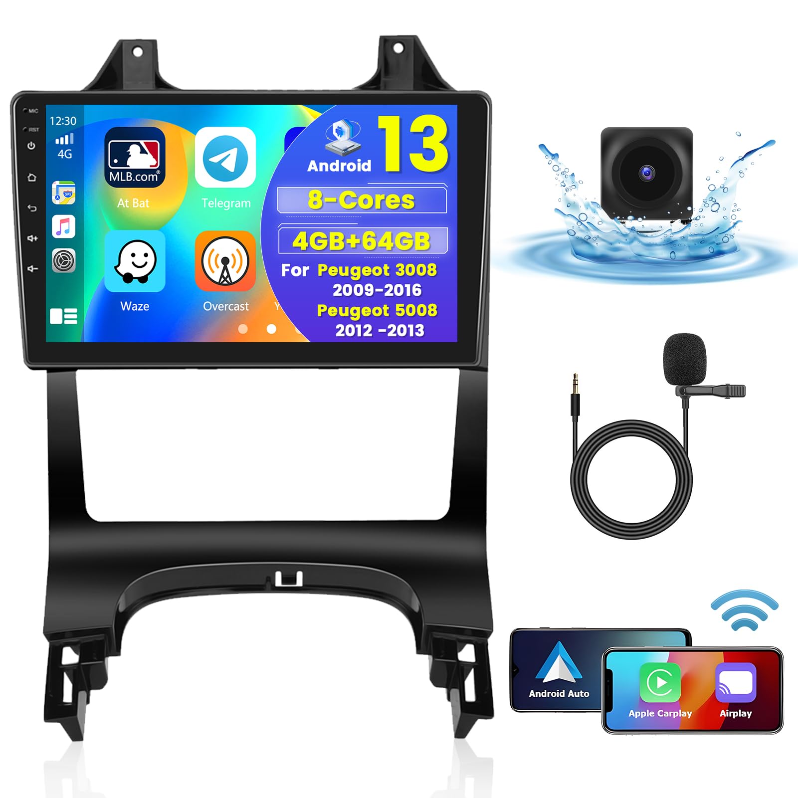 [8 Core 4G+64G] Hikity Car Radio per Peugeot 3008 2009-2016 Wireless Carplay Android Auto Android Autoradio 9 Pollici Stereo Auto con GPS 32EQ WIFI Bluetooth SWC MIC Telecamera Posteriore