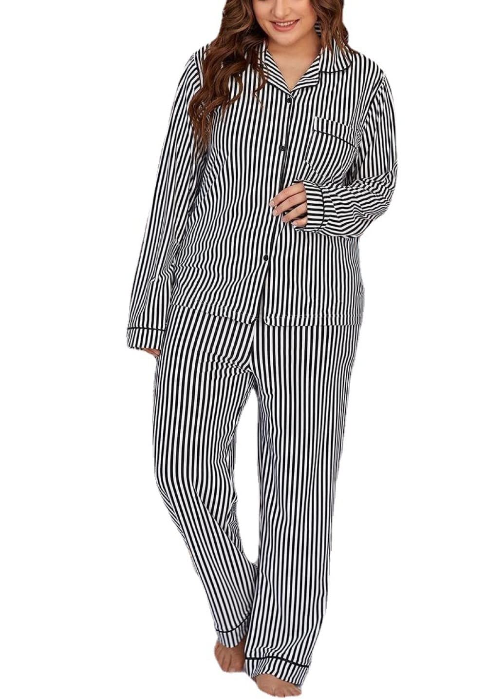 Ensembles De Pyjama Femme,Grande Taille Revers Rayures Verticales Ensemble De Vêtements De Nuit À Manches Longues Femme Pyjama Deux Pièces Doux Classique Casual Loungewear Cadeau Pour Femme Petit