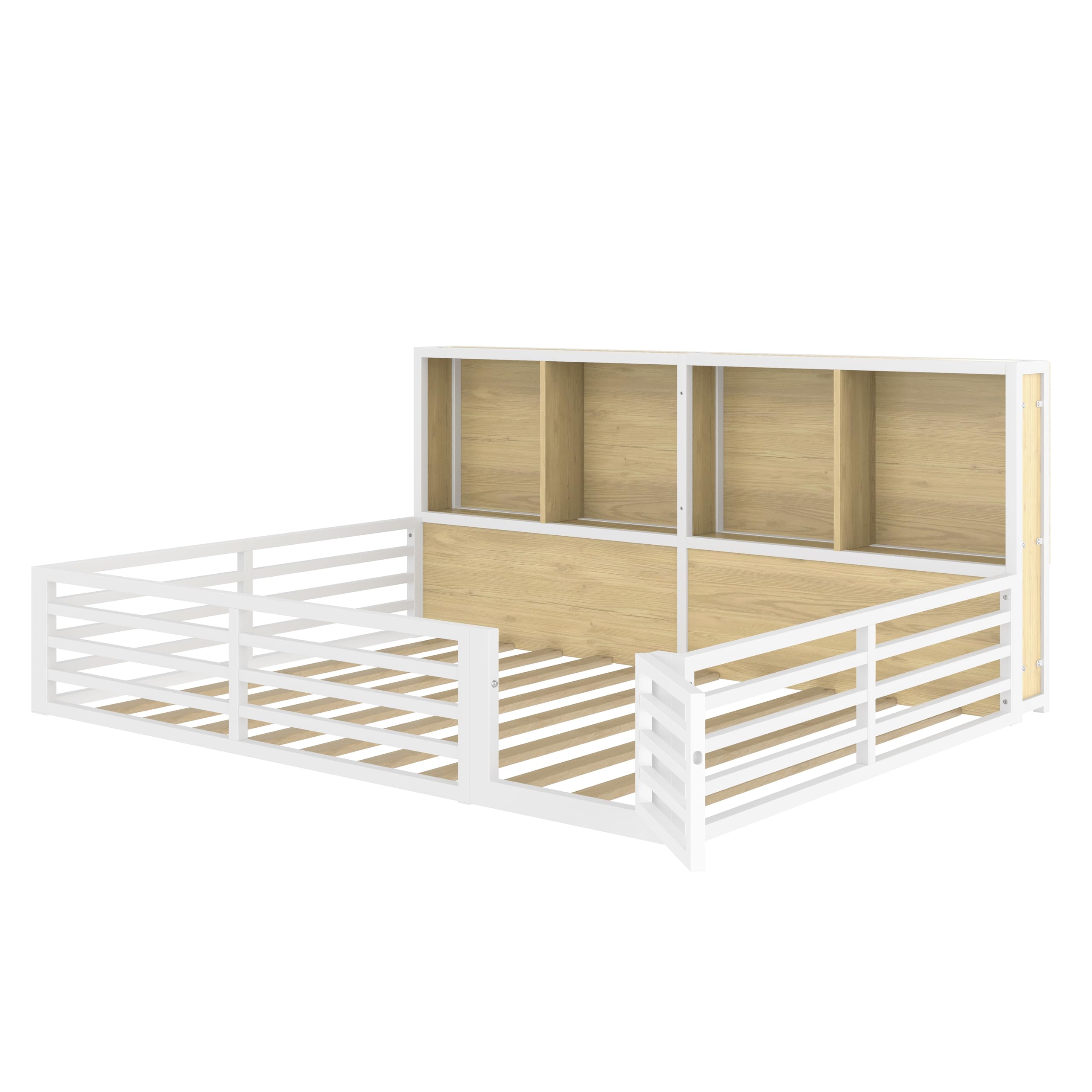 Kinderbett Bodenbett 140x200 mit Rausfallschutz & Lattenrost, Montessori Bett Hausbett mit 4 Staufächer & LED-Beleuchtung & Tür, Gitterbett Metallbett Bettgestell Spielbett (Weiß, 140x200CM)