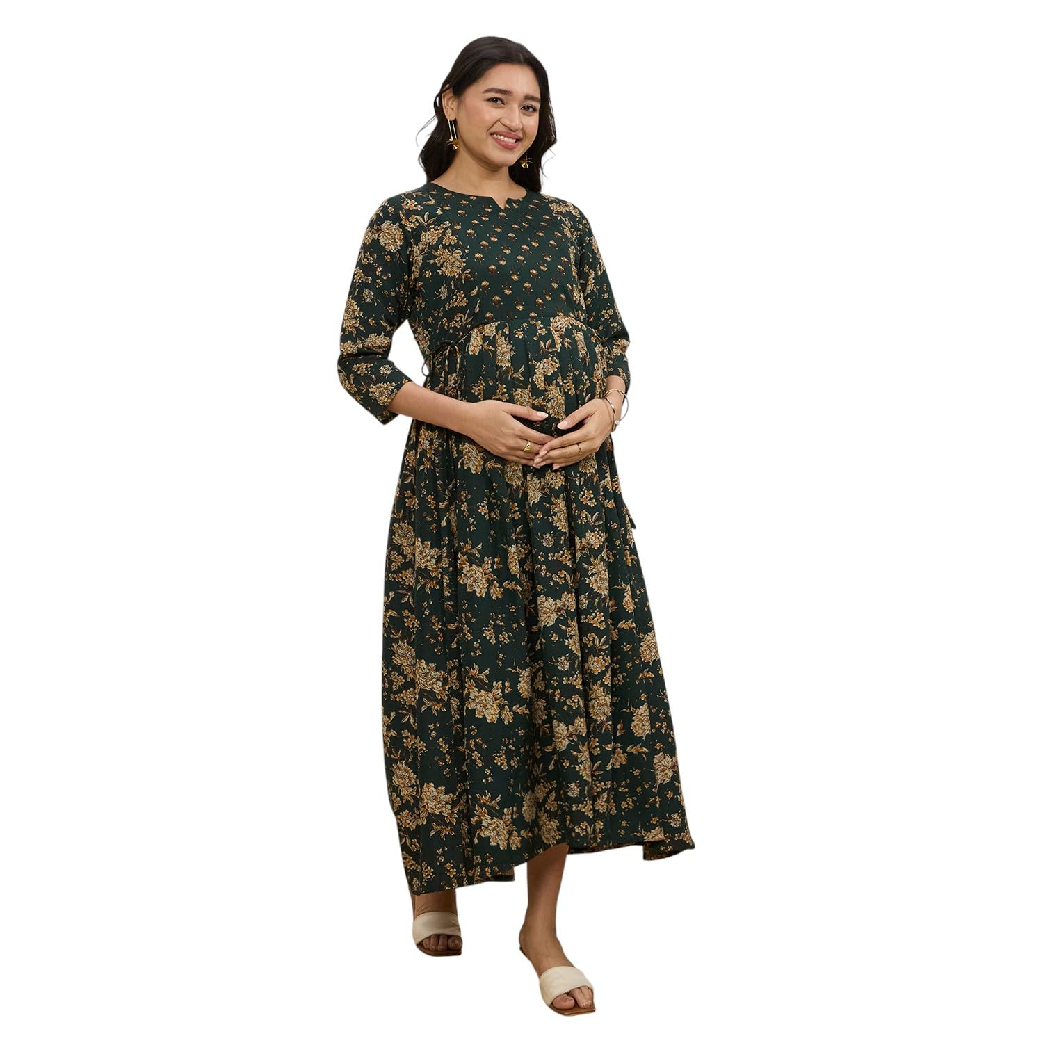 momtobe Cotton Maternity Feeding Kurti Dress for Women | Pregnancy Green Dress with Concealed Zippers for Nursing | Soft Breathable Fabric | Comfortable Calf-Length Outfit for Office-picture-25