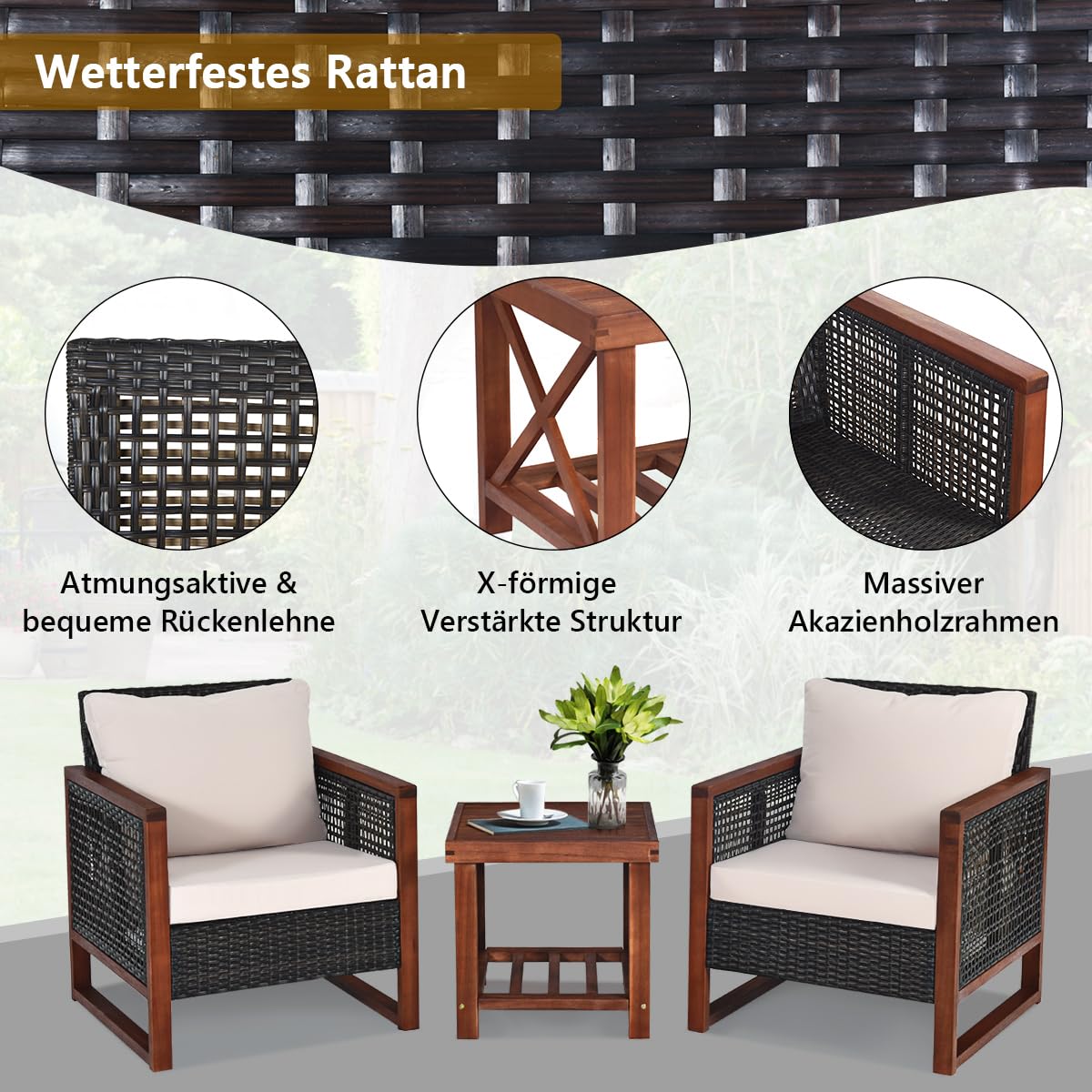 Giantex Rattan Gartenmöbel Set 3 teilig, Balkonmöbel Set 2 Personen, Gartensitzgruppe Lounge Set 2 Sessel mit Holztisch, Gartengarnitur Sitzgruppe Gartenlounge Set inkl. waschbarer Kissen