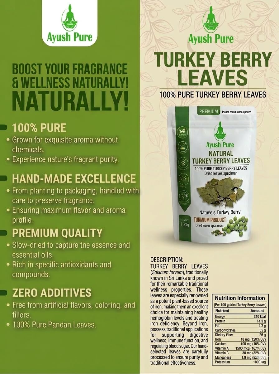 Turkey Berry Leaves Dried, 100 Count, Pure Grade A Quality