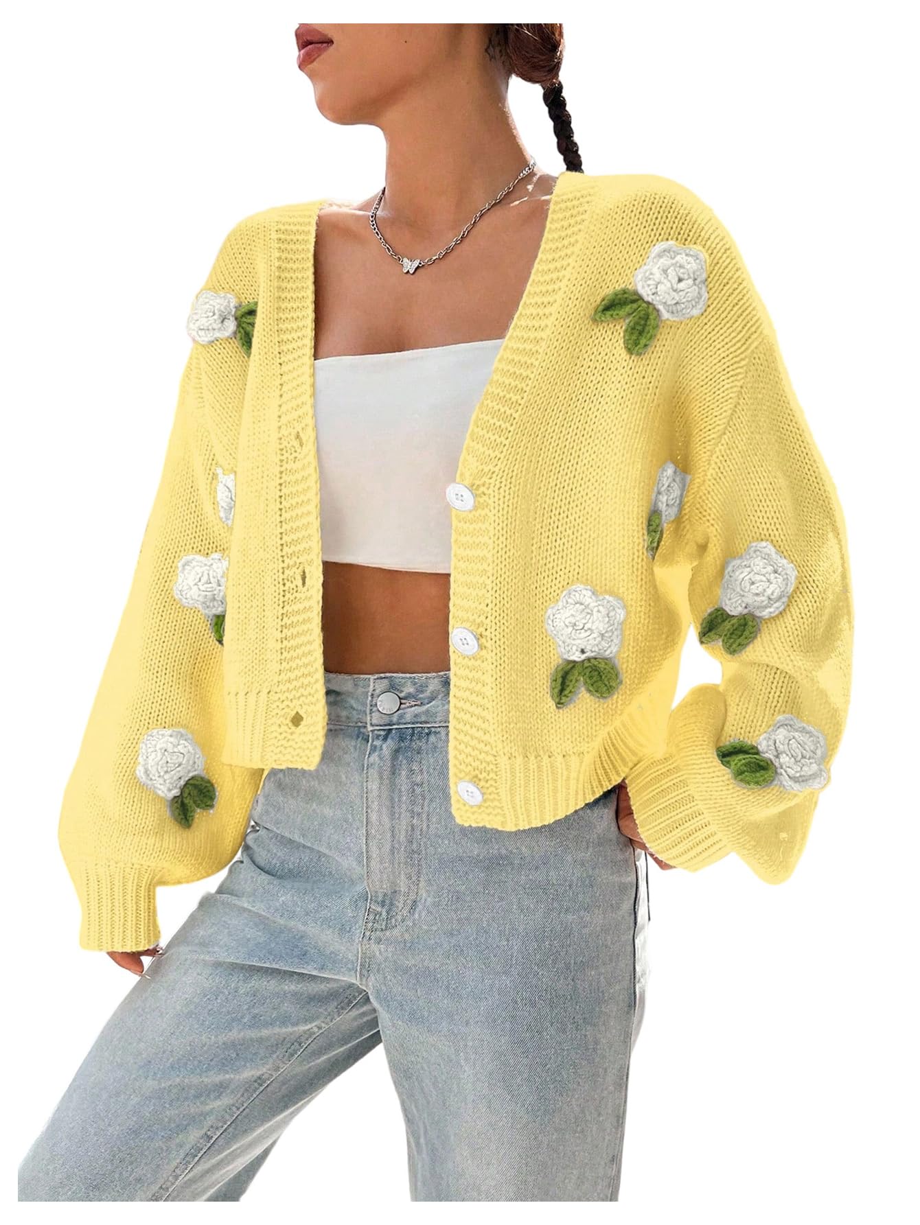 GORGLITTER Womens Floral Button Up Cropped Crochet Cardigan Boho Knit Sweater Long Sleeve Open Front Cozy Cute Tops