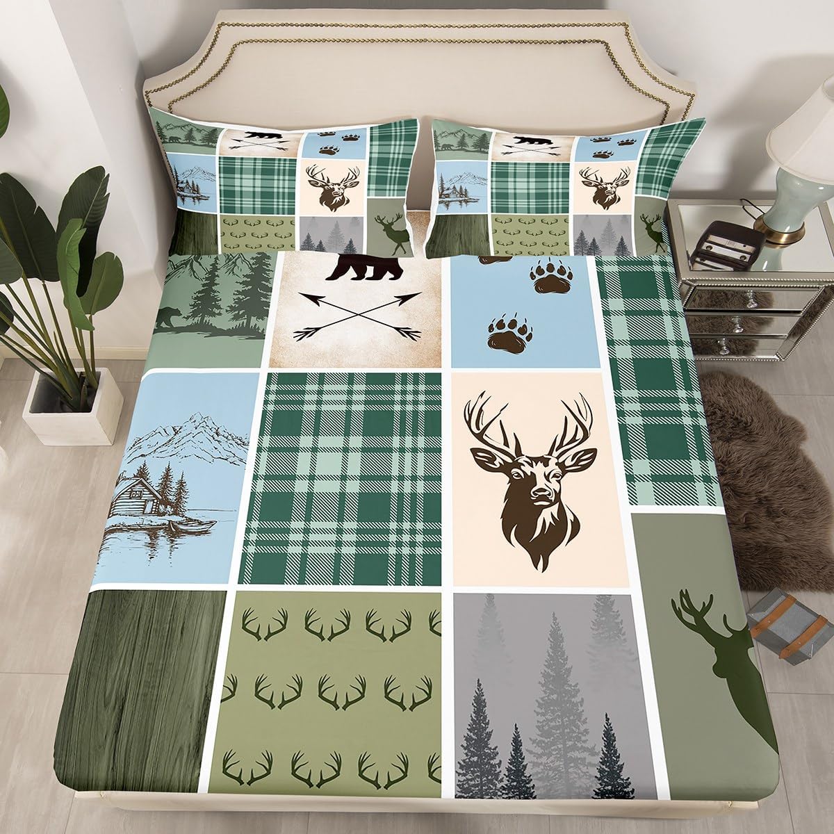 jejeloiu Rustic Cabin Deer Fitted Sheet Twin Size Kids Hunting Country Farmhouse Bedding Set for Boys Girls Teens Wild Animal Bed Sheets Set Deep Green Bed Cover