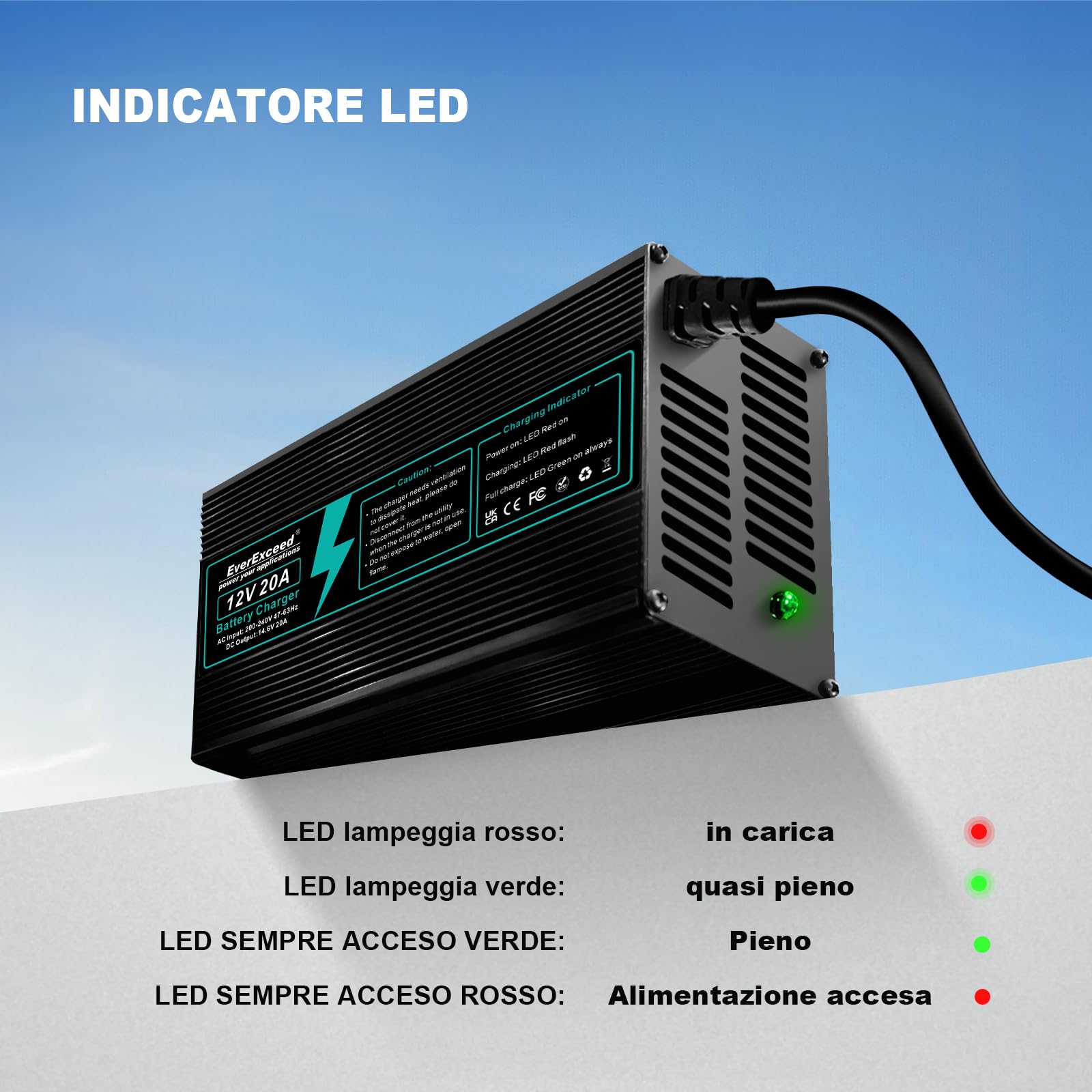 EverExceed Caricabatterie Lifepo4 12V 20A Lifepo4 Charger 14,6V AC-DC, Carica Batterie Litio 12V 20A per Lifepo4 batteria al litio a ciclo profondo di auto Marine RV