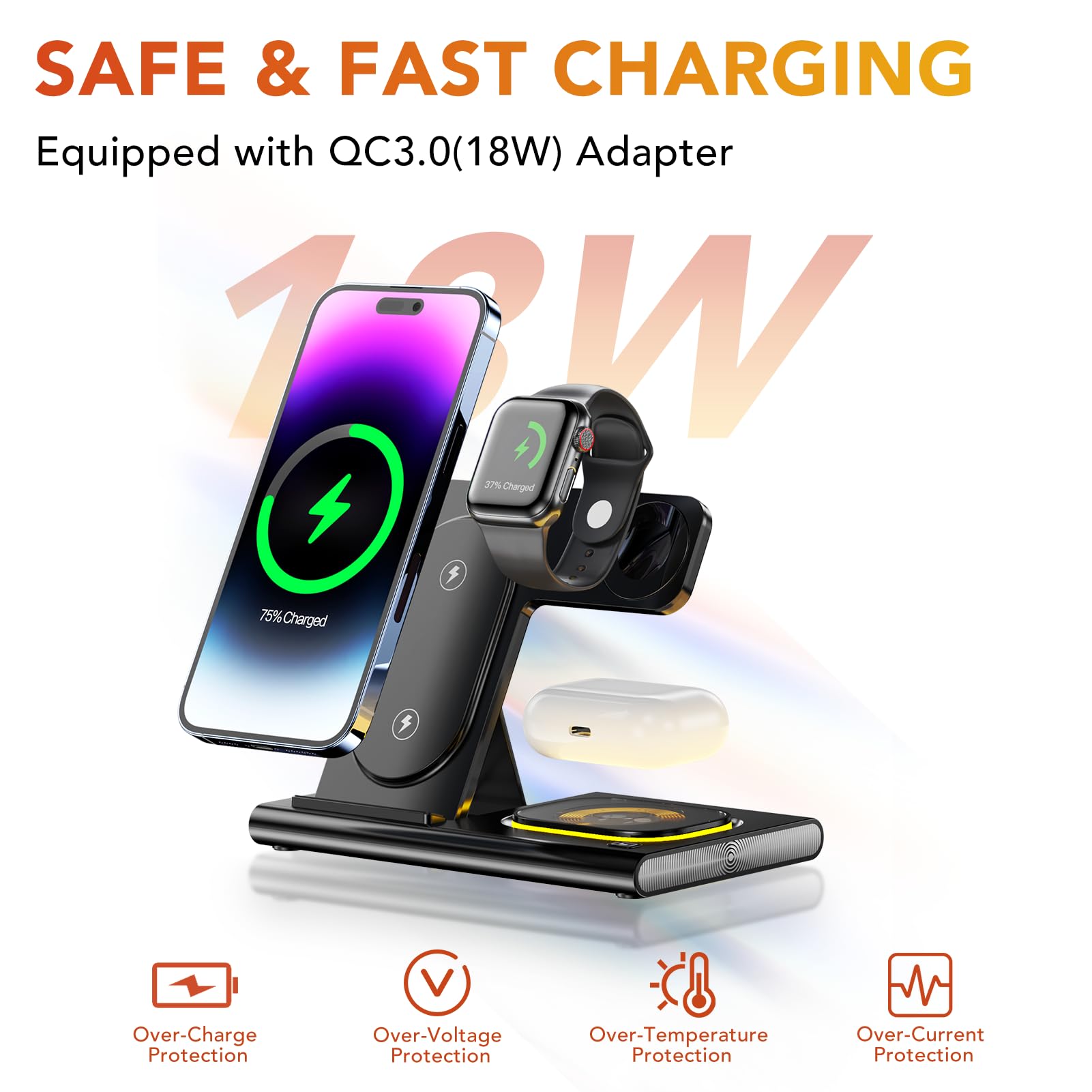 Aimtel 3 in 1 Stazione di Ricarica Wireless Pieghevole compatibile con Apple Watch 10/Ultra 2/9/8/7/SE/iPhone 16/16 Pro/16 Pro Max/16 Plus/15/14/13/12/Air Pods Pro/4/3/2 Luci Notte Caricatore Wireless