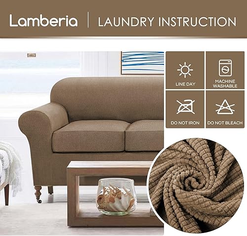 Miniatura 3 de Lamberia Funda de sofá de alta elasticidad para sofá de 3 cojines, 4 piezas, gruesa y lavable, funda de sofá jacquard de felpa, protector de muebles