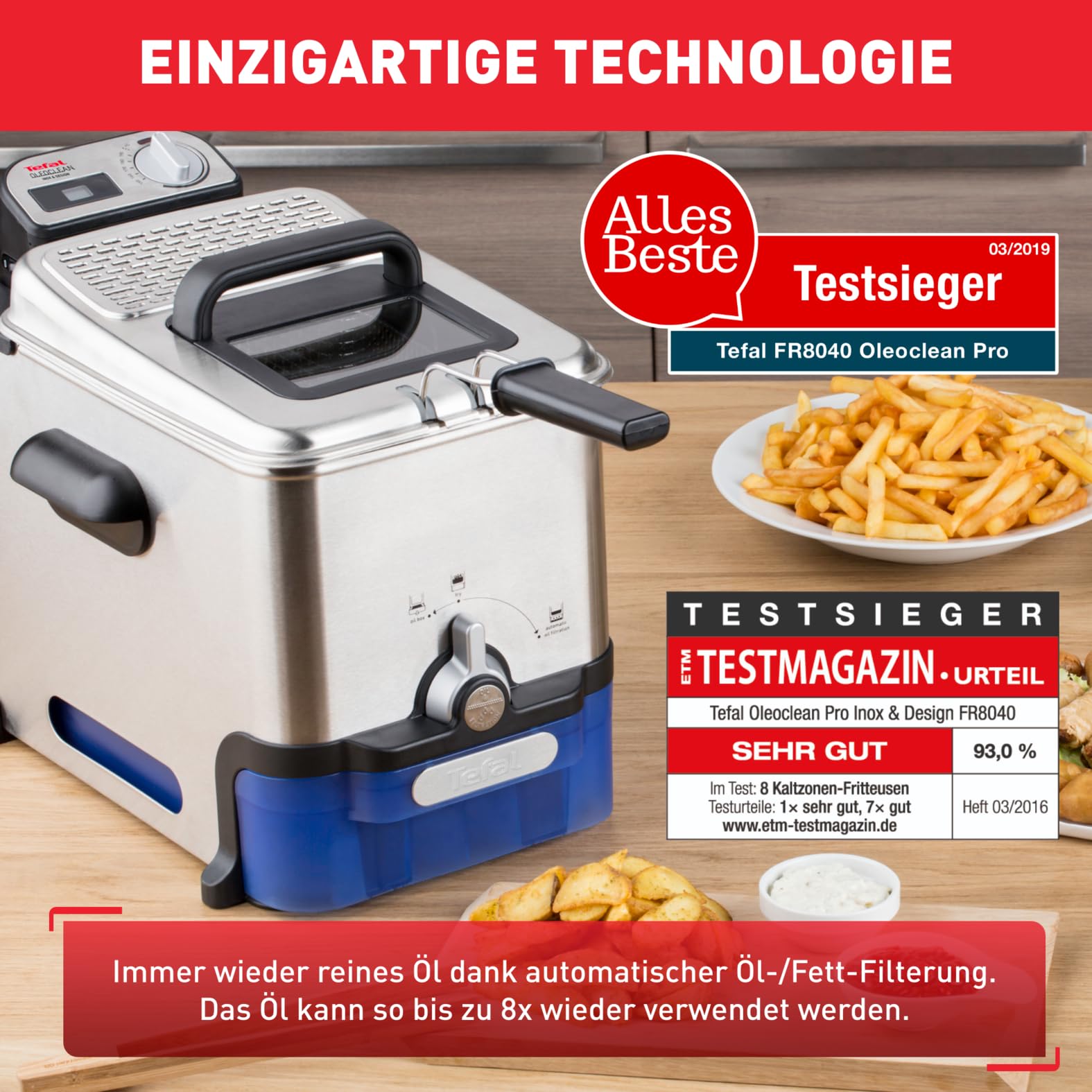 Tefal Oleoclean Pro Fritteuse 3,5L für knusprige Pommes, 2300W Edelstahl Friteuse mit Öl-Filterung, Herausnehmbarer Ölbehälter 1,2kg, Timer & Thermostat, Spülmaschinenfest, Schwarz/Edelstahl
