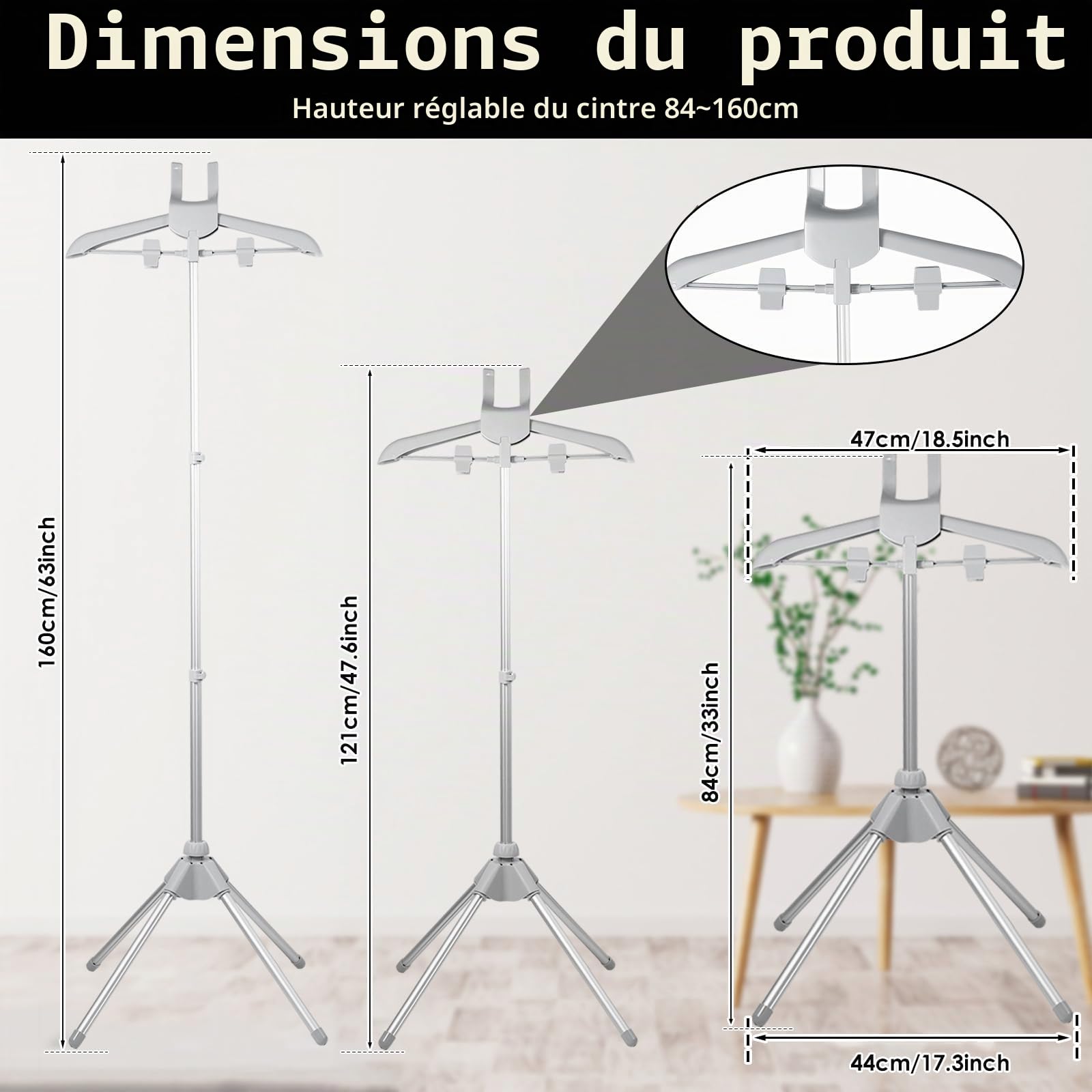 Support vapeur Steamer pour cintres, pliable, avec coussin de repassage et gants, support à vapeur rotatif à 360°, longueur réglable de 84 à 160 cm, séchoir portable pour vêtements