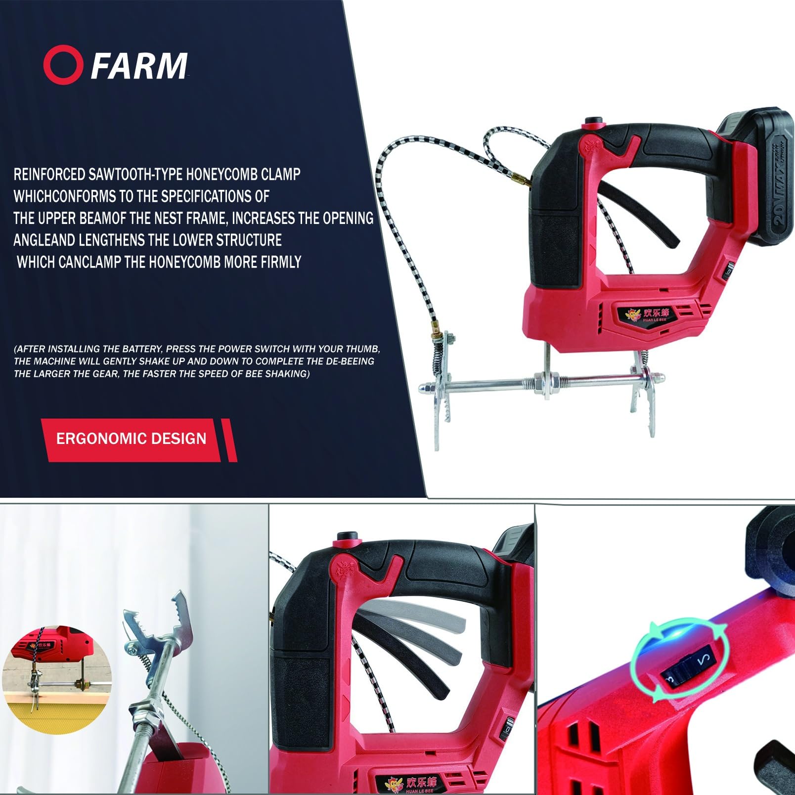 Elektrischer Bienen-Shaker, tragbarer kabelloser Bienenrahmen-Shaker mit Hebeklemme, 4 einstellbare Geschwindigkeiten für effiziente Imkerei und Honigernte