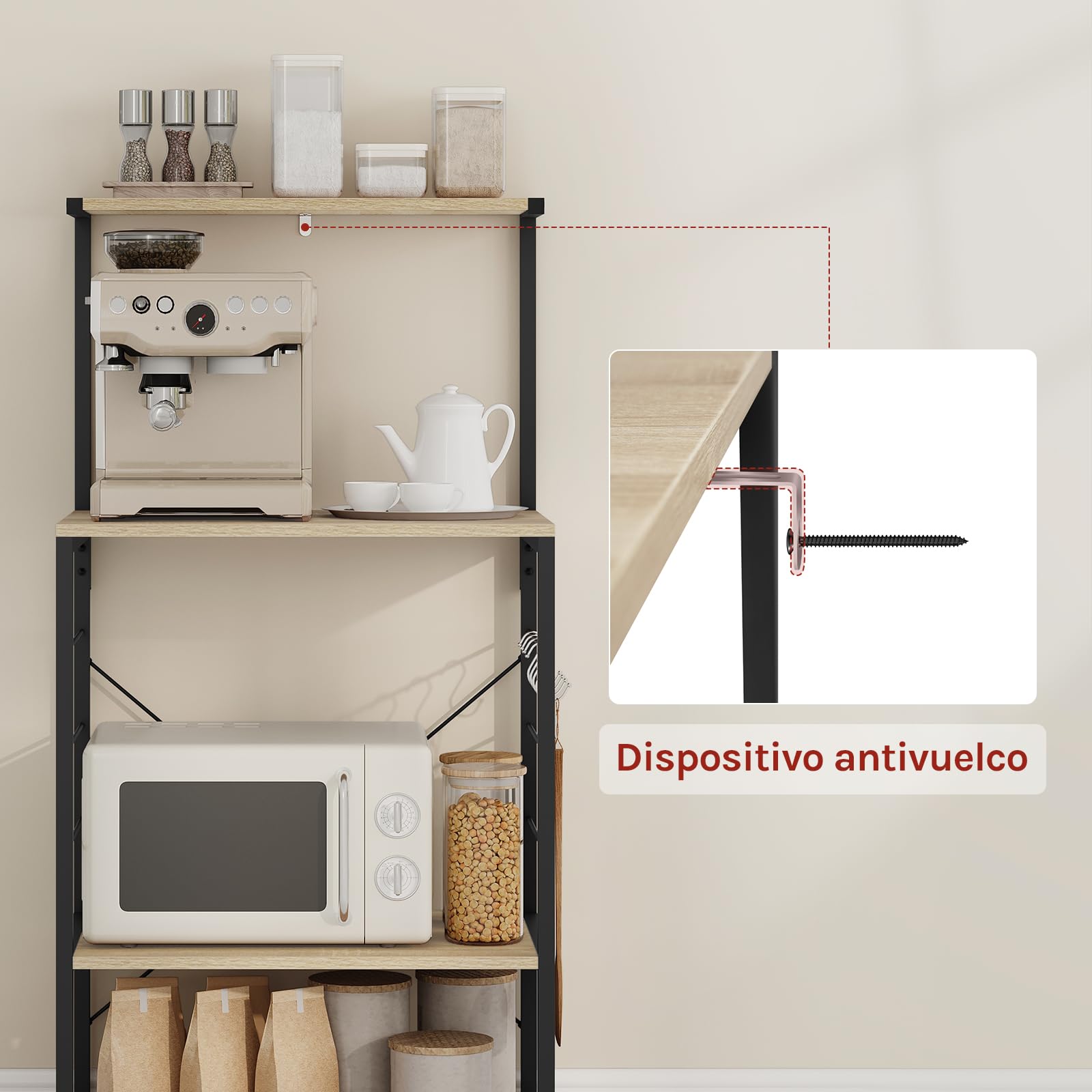 WOLTU Estante de Cocina de Microondas Estante Metálico de Madera y Acero con 3 Niveles 60x40x123cm, Negro + Roble Claro