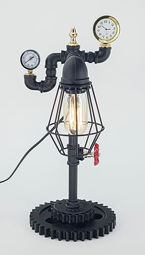 Miniatura 6 de Steam Punk Lamp with Clock&Pressure Gauge, Dimmable Loft Style Industrial Vintage Antique Style Light, Iron Piping Aged Rustic Metal Desk Lamp,