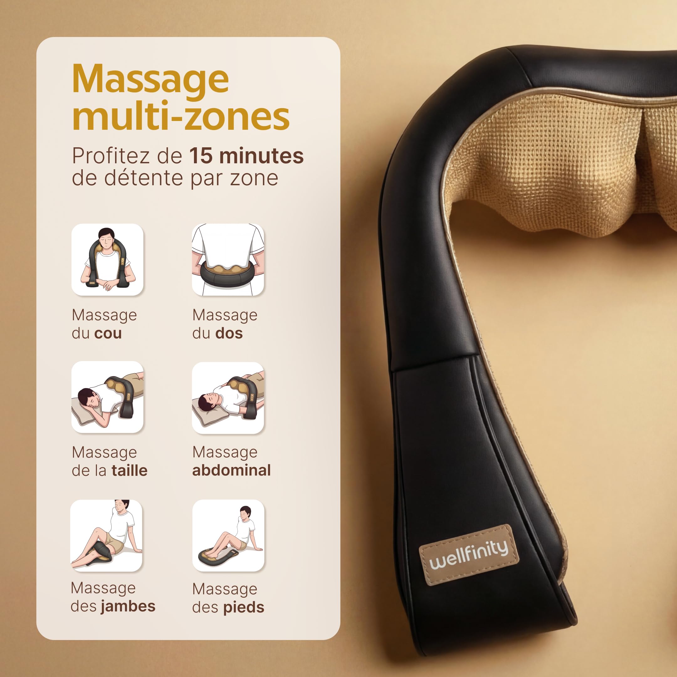 Masseur Dos et Cervicales Shiatsu - Appareil de Massage Électrique Cou et Nuque, Massage Profond pour Soulager les Douleurs et Tensions Musculaires, Usage Maison, Cadeau Femme Homme - Wellfinity