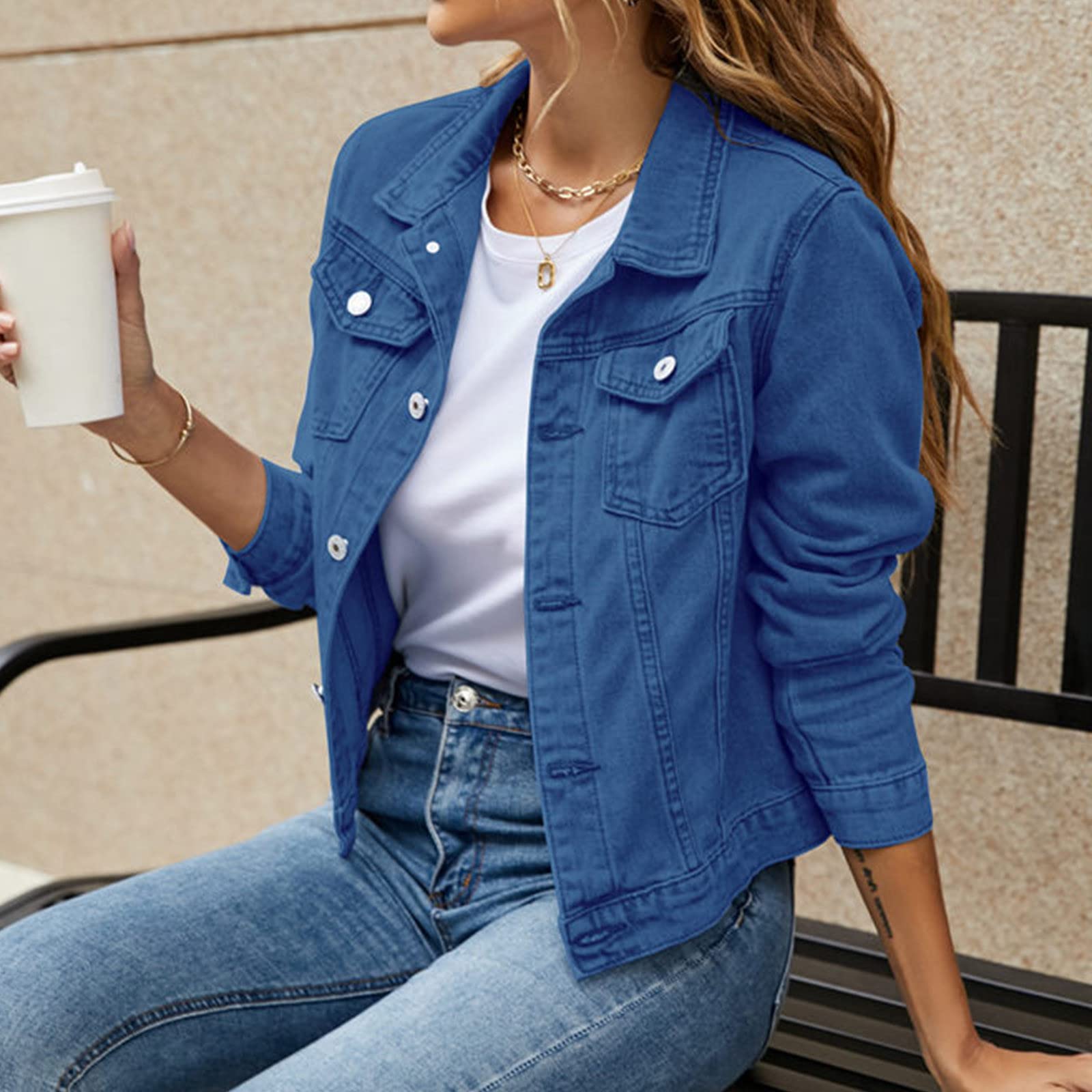 Générique Veste en coton denim boutonné de couleur unie pour femmes avec poches Veste en jean Manteau Jacket Homme Sans Manches