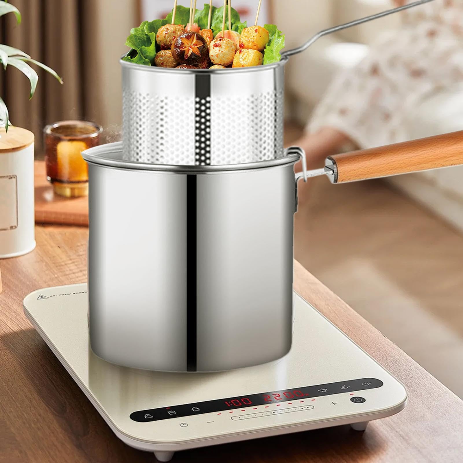 Pentola a induzione di calore, pentola con cestello e coperchio, filtro 'olio in acciaio inossidabile, contenitore versatile per filtro 'olio a bocca larga, per casa, campeggio, patatine