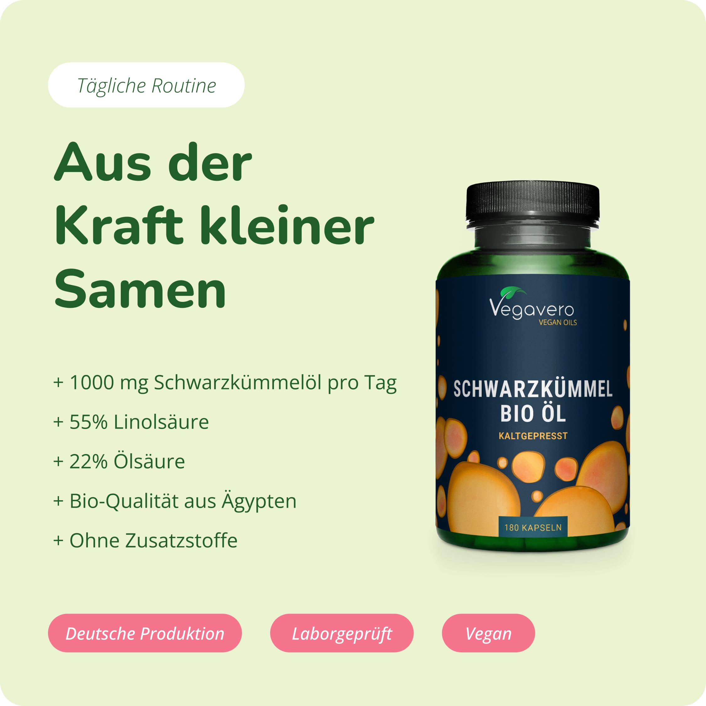 Vegavero Bio Schwarzkümmelöl Kapseln hochdosiert 180 Stück - 1000 mg kaltgepresstes Nigella sativa Öl mit 55% Linolsäure, 22% Ölsäure & 1,5% Thymoquinon – vegan, ohne Zusatzstoffe & Laborgeprüft