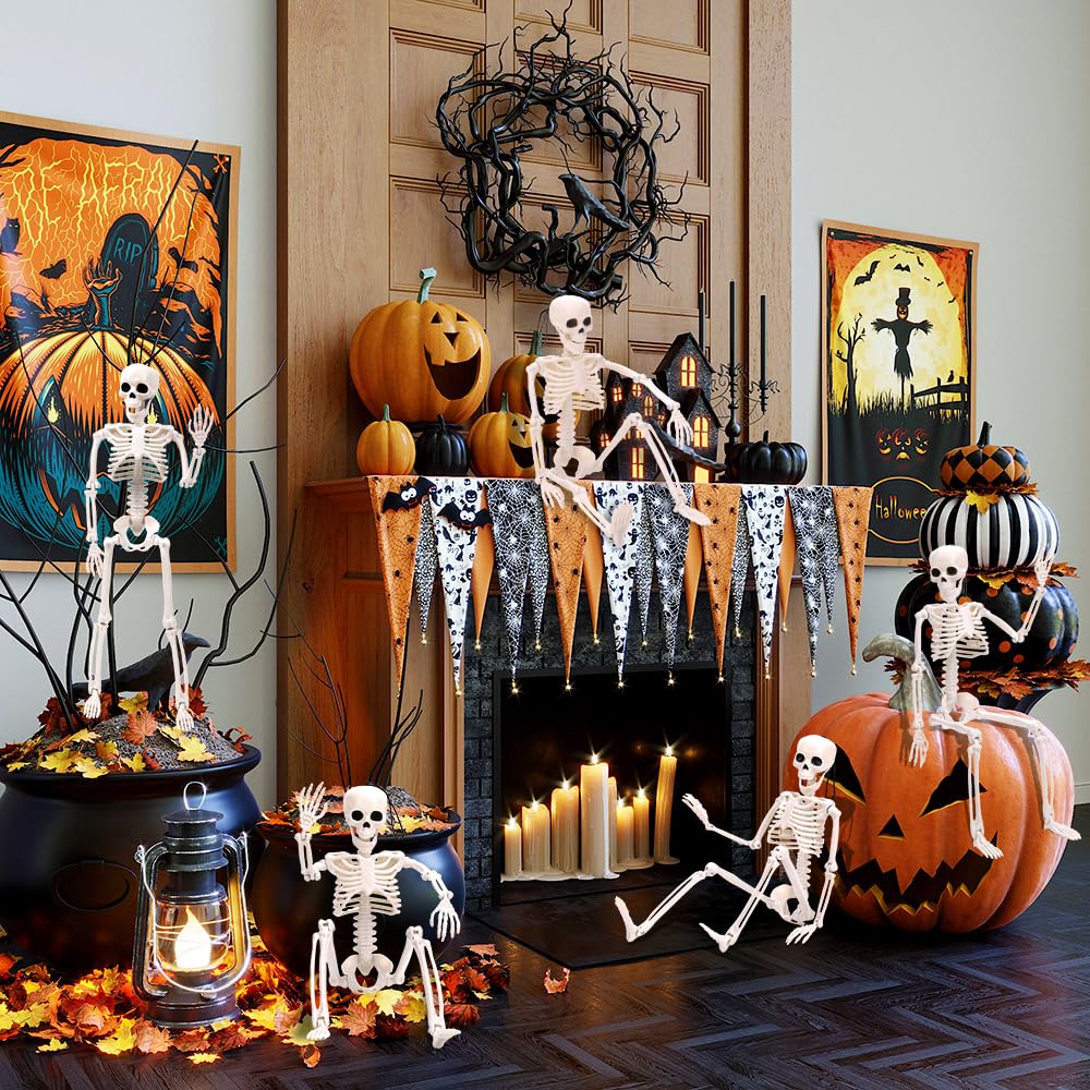 XIMISHOP 5 esqueletos colgantes de Halloween, 16 pulgadas, decoración de esqueleto de Halloween con articulaciones móviles para cementerio de Halloween, decoración de casa encantada, interior y