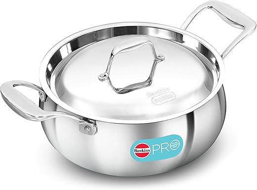 Hawkins 3L Pro Triply Stainless Steel Handi with Steel Handles and Steel Lid, Silver (PSH30S)