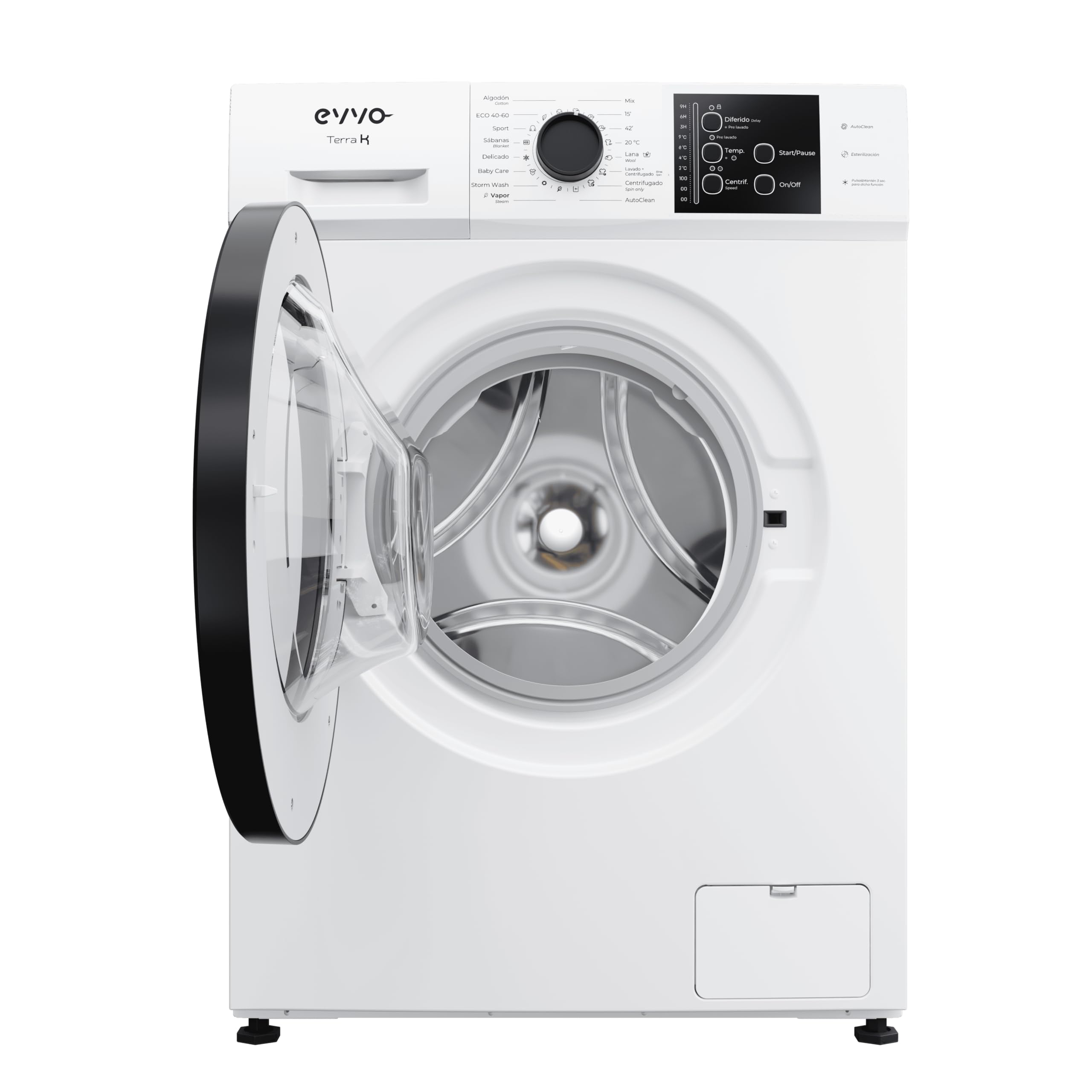 EVVO Lavadora Carga Frontal TERRA K7 - Lavadora Eficiencia Energética A, Motor eDRIVE Inverter, Función Vapor, 1000-1200 RPM, 16 Programas, Lavado Rápido, Limpieza de Tambor, Fondo Estrecho 44 cm