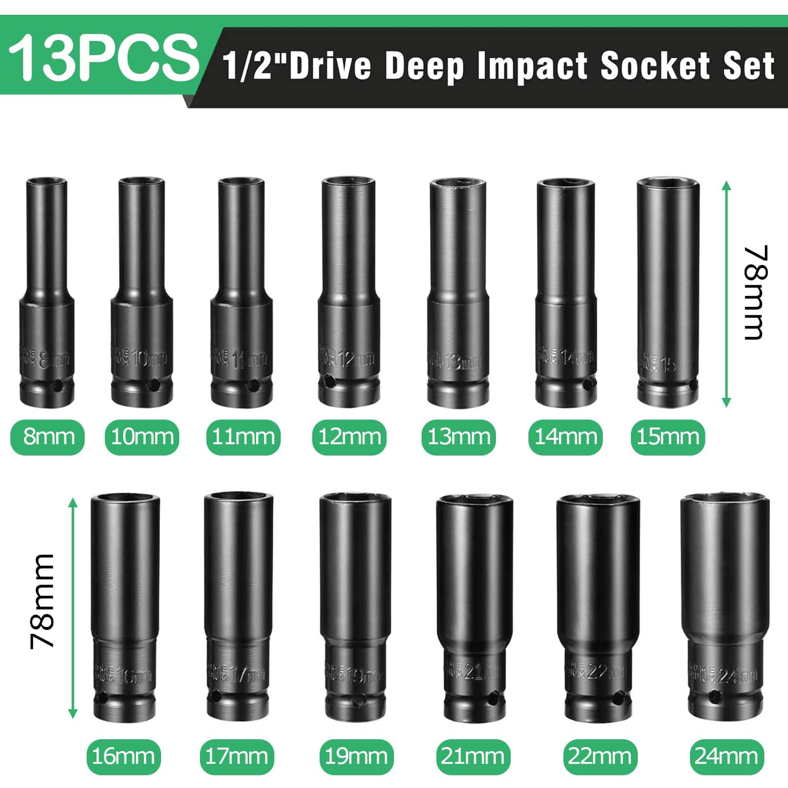 Set di 14 Pezzi Chiave a Bussola Lunga 1/2" Pollice (8-24mm) con Cricchetto e Valigetta, Kit Chiavi a Bussola, Set Bussole a Impatto 1/2" per Riparazioni Auto, Cambio Gomme