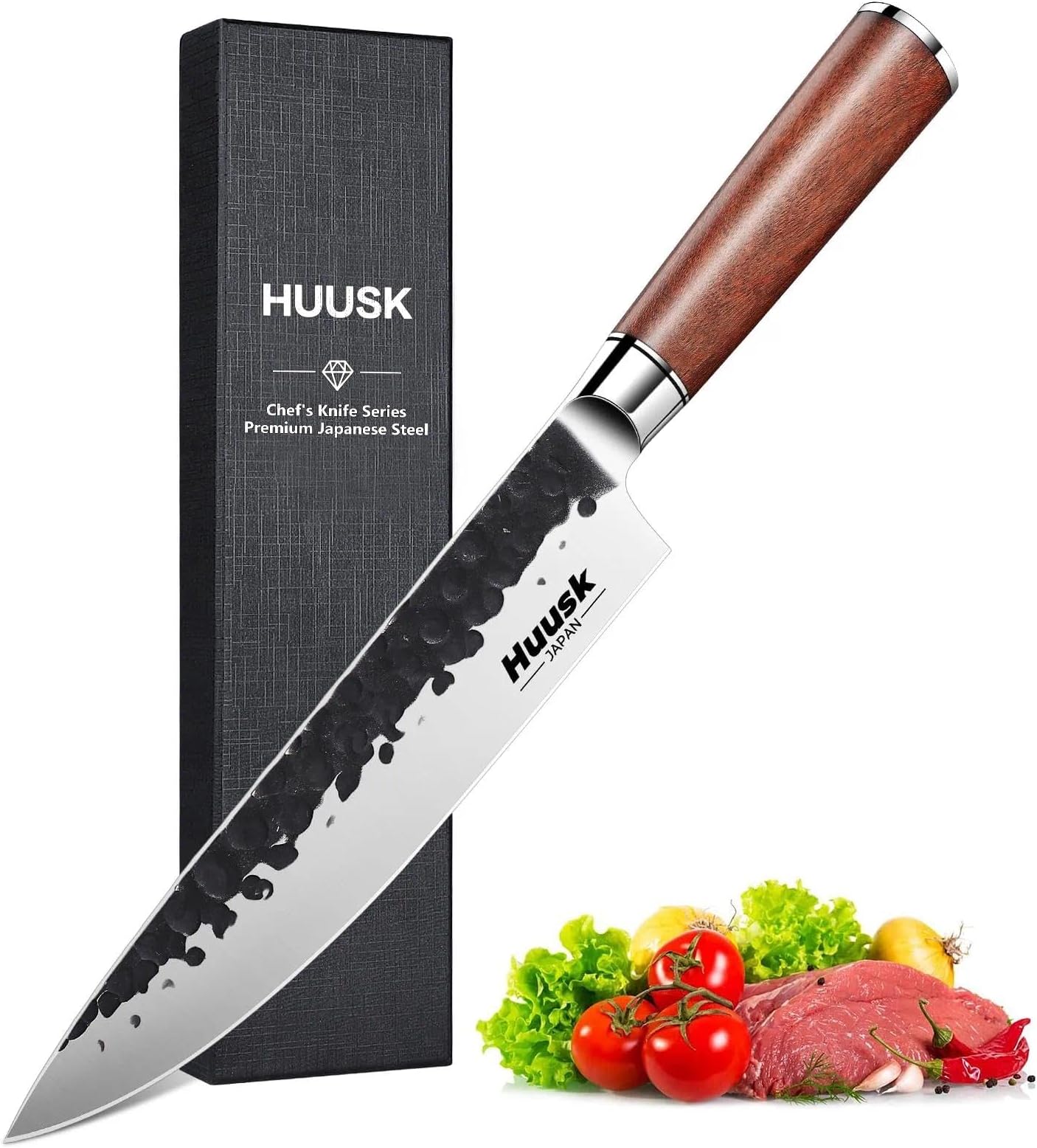 Huusk Japanese Chef Knife 8 Inch Gyuto Knife, Professional Sharp Kitchen Knives for Cooking, Solid Rosewood Handle Carbon Steel Knives with Gift Box, Gift Idea for Men & Women
