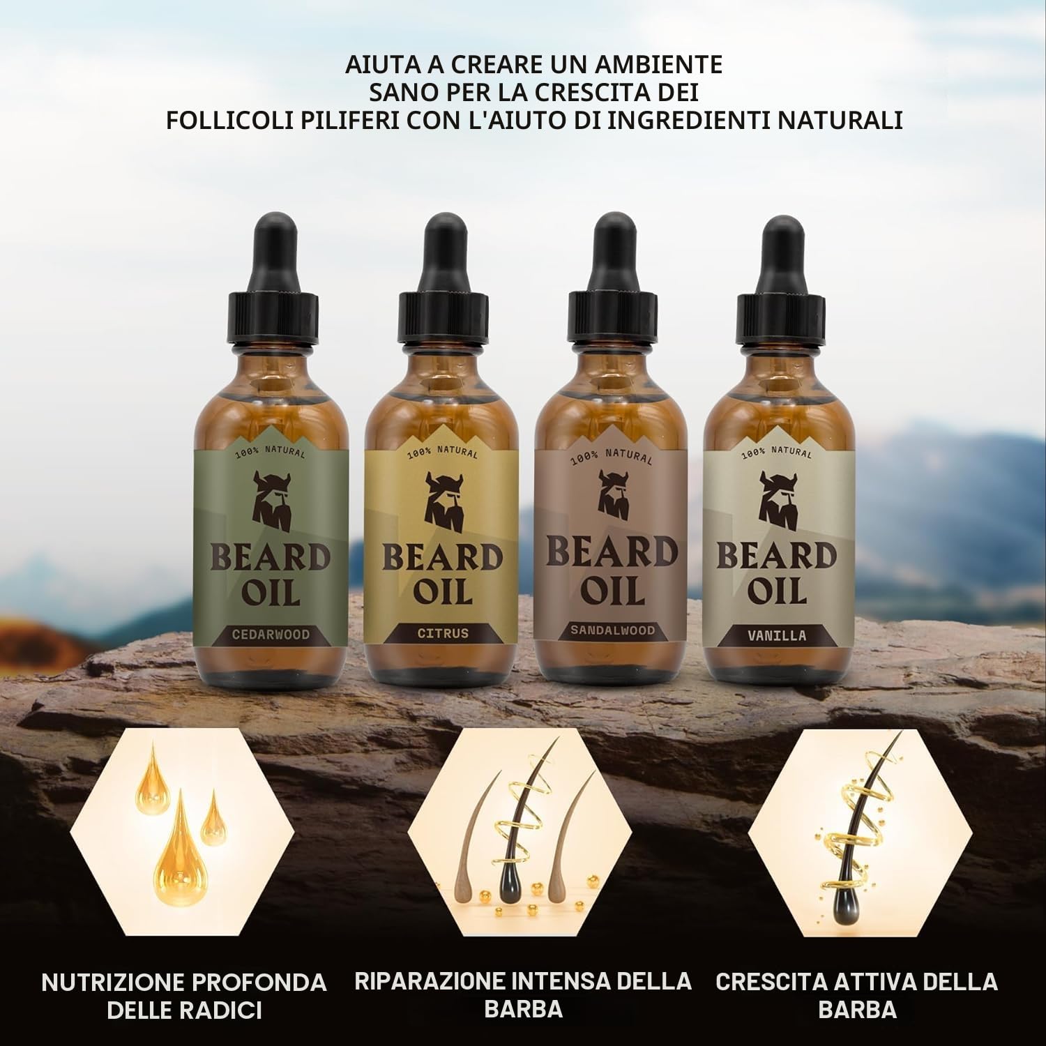 Striking Viking Olio da barba da uomo, 7 ml, confezione da 4 – infusione emolliente stile barbiere – incoraggia la crescita della barba – con legno di sandalo, vaniglia, legno di cedro, olio di agrumi