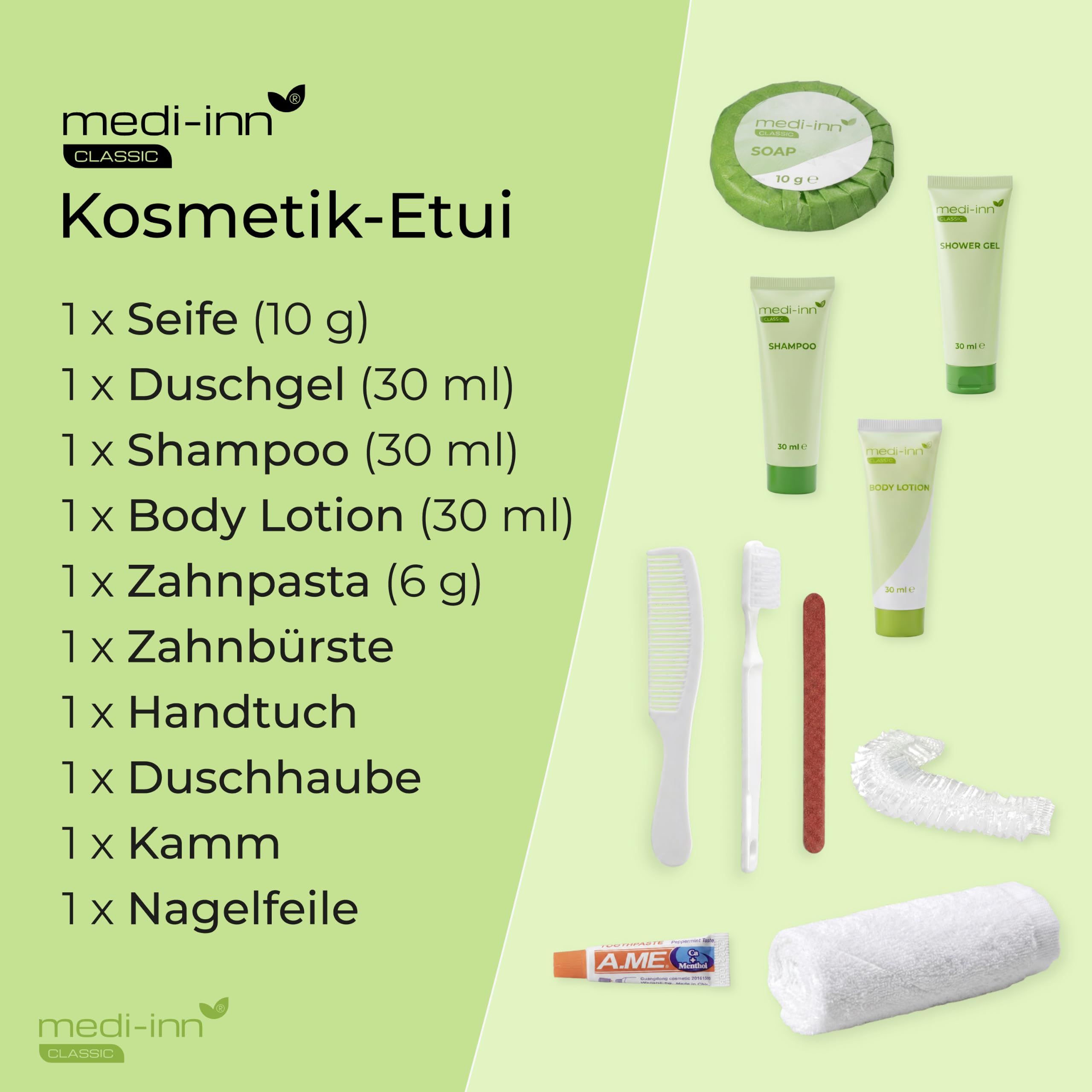 Medi-Inn Reise-Essentials Kulturbeutel transparent, 10-teilig, 20 Stück | Travel Kit fürs Handgepäck: Inhalte je unter 100 ml, für Damen & Herren, komplett bestückt für Flugreisen & Hotel