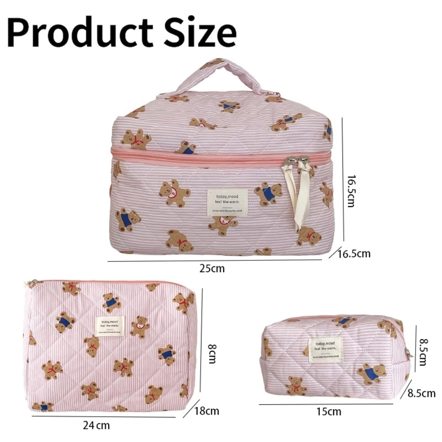 Make Up Bag Set of 3 Quilted Make Up Bags for women Cute Cotton Cosmetic Bag Pink Striped Bear Make Up Pouch Large Travel Toiletry Bag For Women (A)