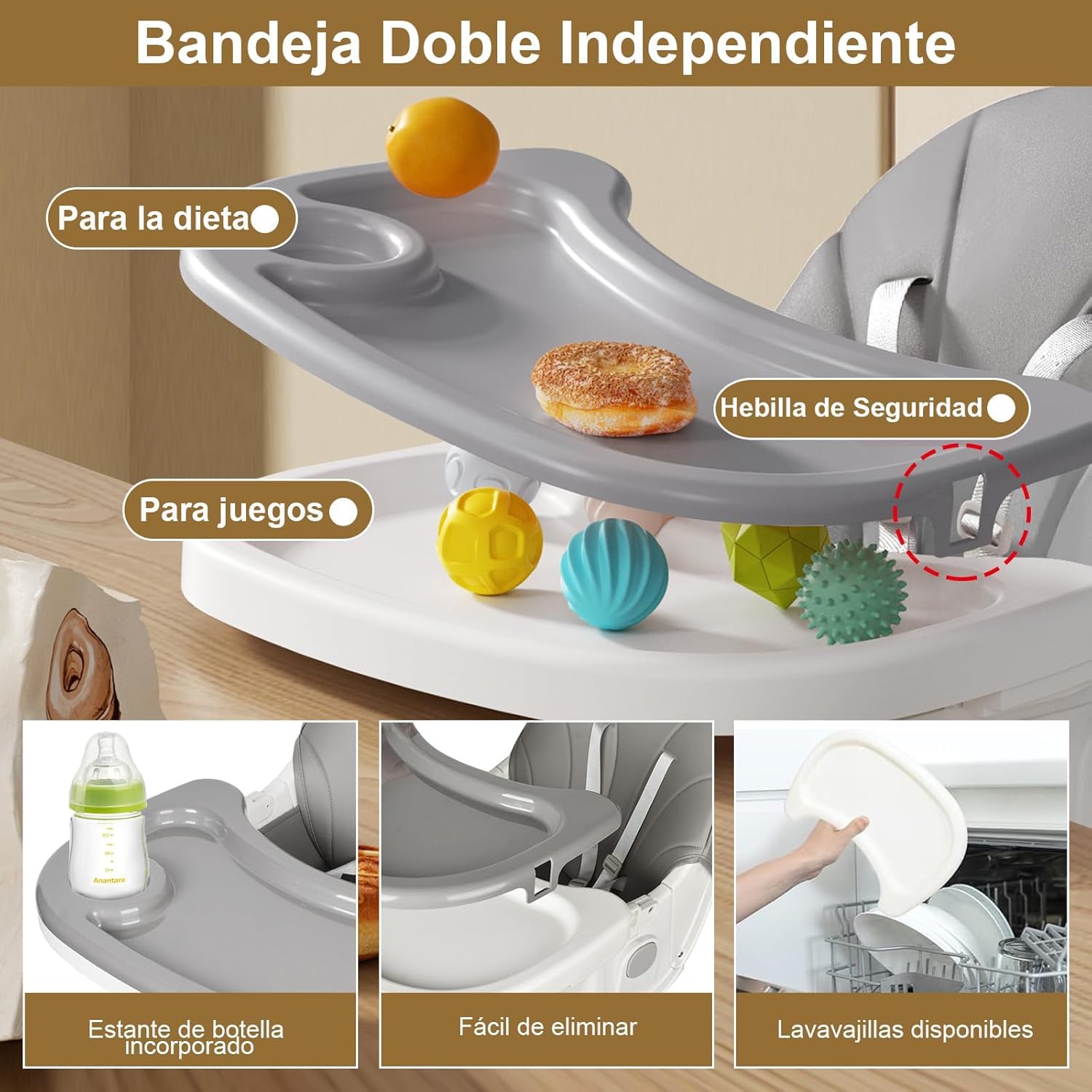 Trona Bebé Evolutiva, Trona para Bebe Ajustable, Trona de Bebes Reclinable, Ajustable y Plegable con Tabla, De 6 meses a 6 años
