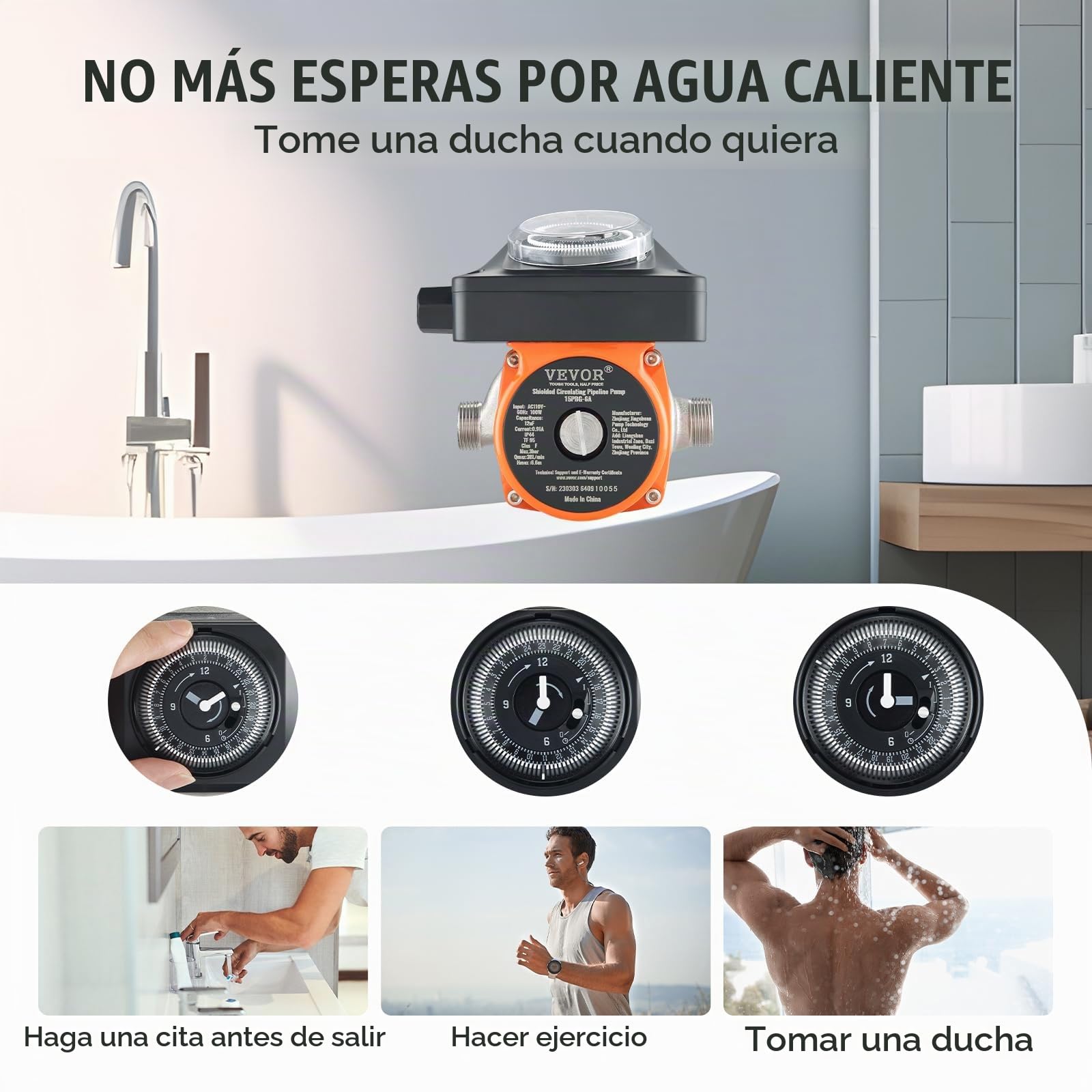VEVOR Bomba de Circulación de Agua Caliente 100 W Bomba de Presión Circulador Auto Silenciador Acero Inoxidable Entrada Salida DN20 Adaptador DN15 para Sistema de Calentador de Agua Grifo de Ducha