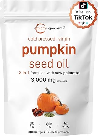 Pumpkin Seed Oil with Saw Palmetto, 3000mg Per Serving, 300 Softgels | Cold Pressed, Pure Virgin Oil, Essential Fatty Acids & Phytosterols | Supports Hair, Urinary, Bladder & Prostate Health | Non-GMO