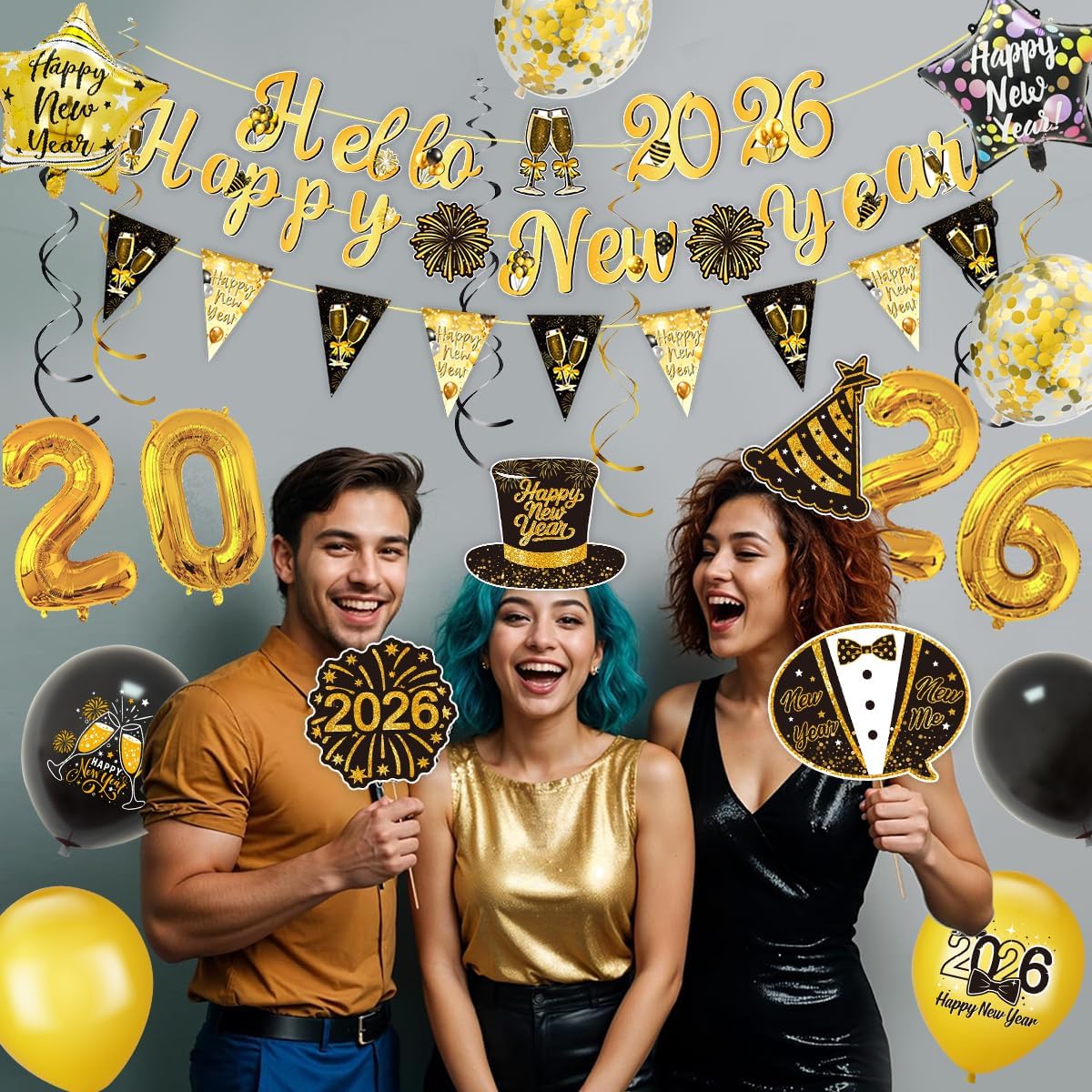 2026 Hello Happy New Year Decorations New Years Eve Party Supplies, Black and Gold Party Decorations for 2026 New Year Photo Booths, Festive Decor, and Creating Memorable Holiday - Image 4