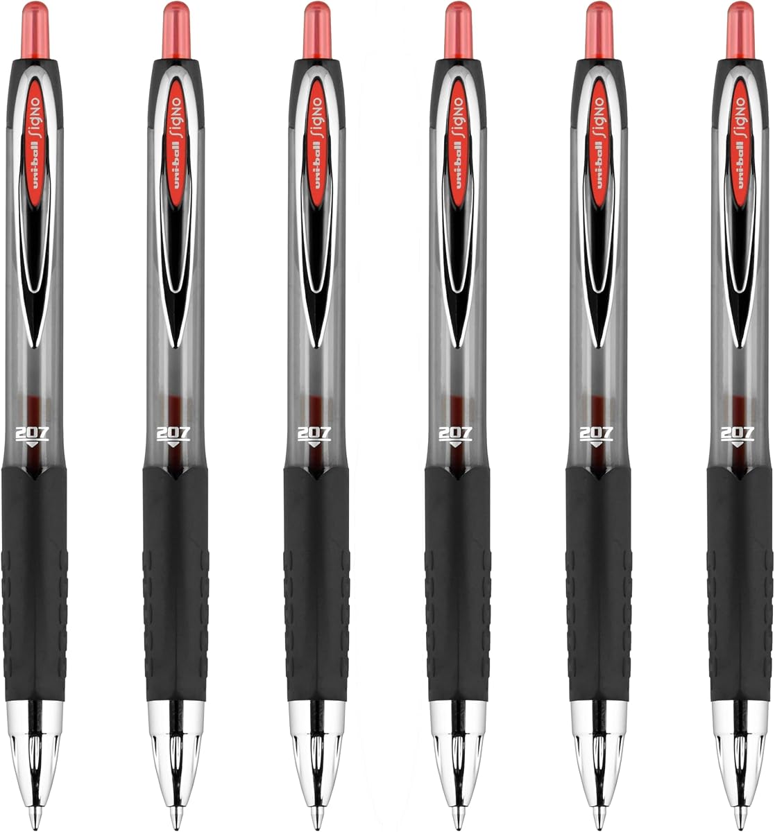 uniball 207 Retractable Gel Pen, Medium Point (0.7mm), Red Ink, 6 Pens