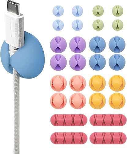 Wrap-It Storage Clips para cables (surtido de 28 unidades) Macaron Soporte de cable de escritorio y mesita de noche para teléfono y mesita de