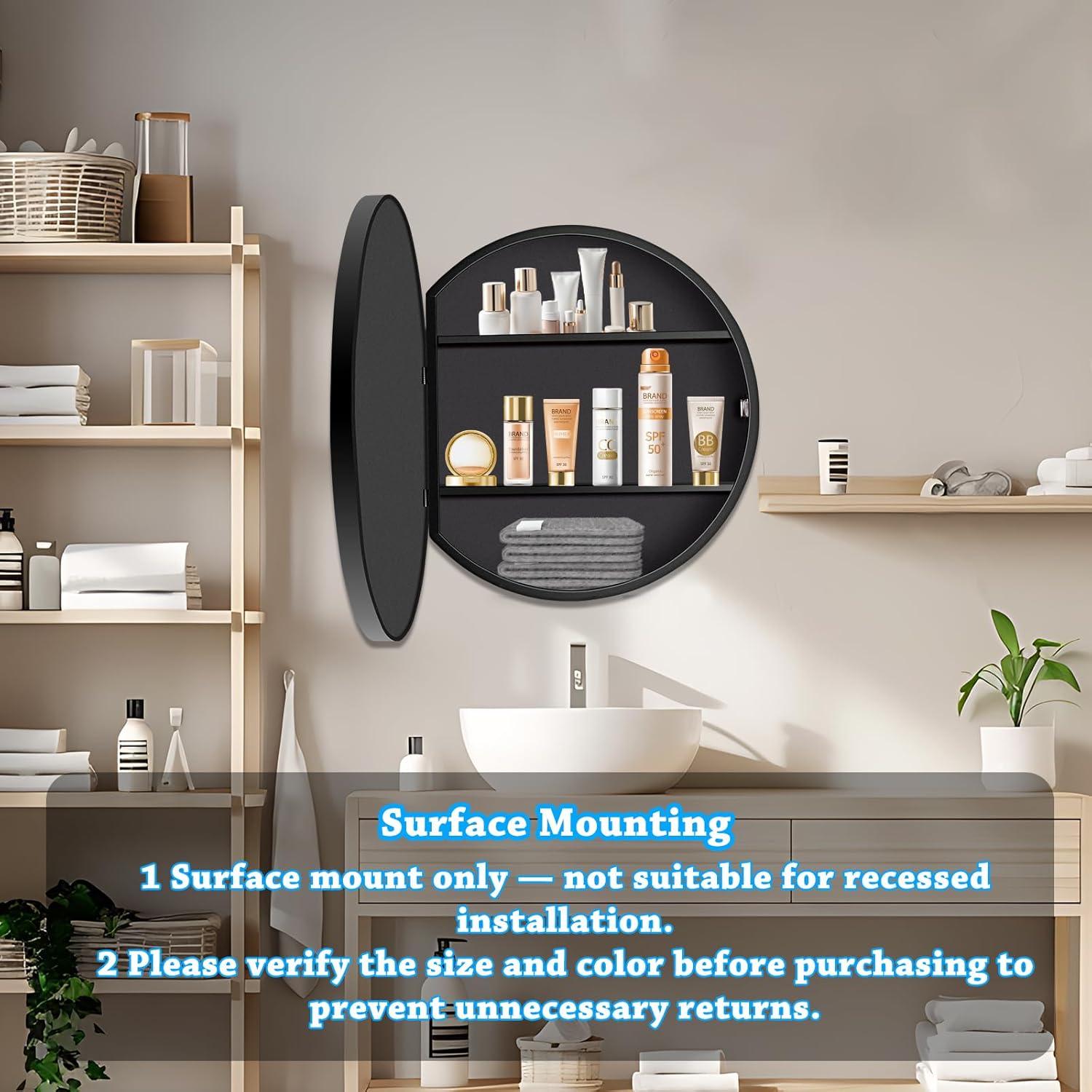 26 x 26 Inch Round Medicine Cabinet with Mirror, Surface Mount Only, Black Metal Frame Bathroom Mirror Cabinet, Modern Shatterproof Vanity Mirror with Storage