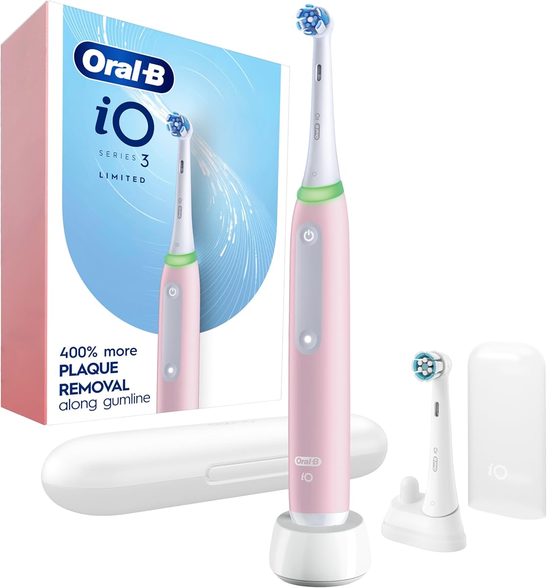 Rechargeable Electric Toothbrush, iO3 Limited Deep Clean, 3 Cleaning Modes, Visual Pressure Sensor to Protect Gums, 2 Brush Heads, Travel Case, Azalea Pink