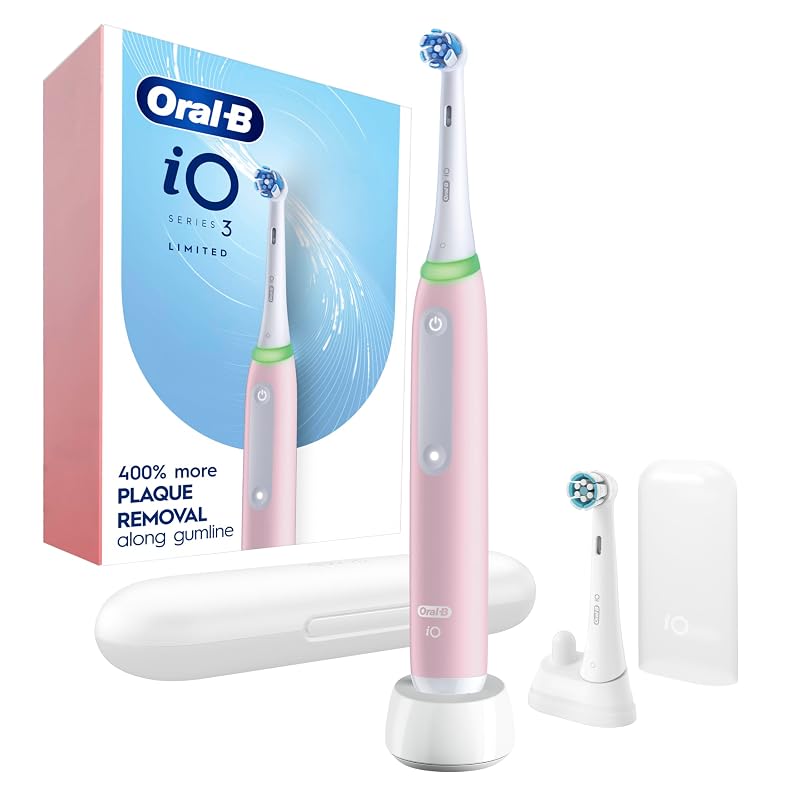 Oral-B Rechargeable Electric Toothbrush, iO3 Limited Deep Clean, 3 Cleaning Modes, Visual Pressure Sensor to Protect Gums, 2 Brush Heads, Travel Case, Azalea Pink 1 Count (Pack of 1) Azalea Pink