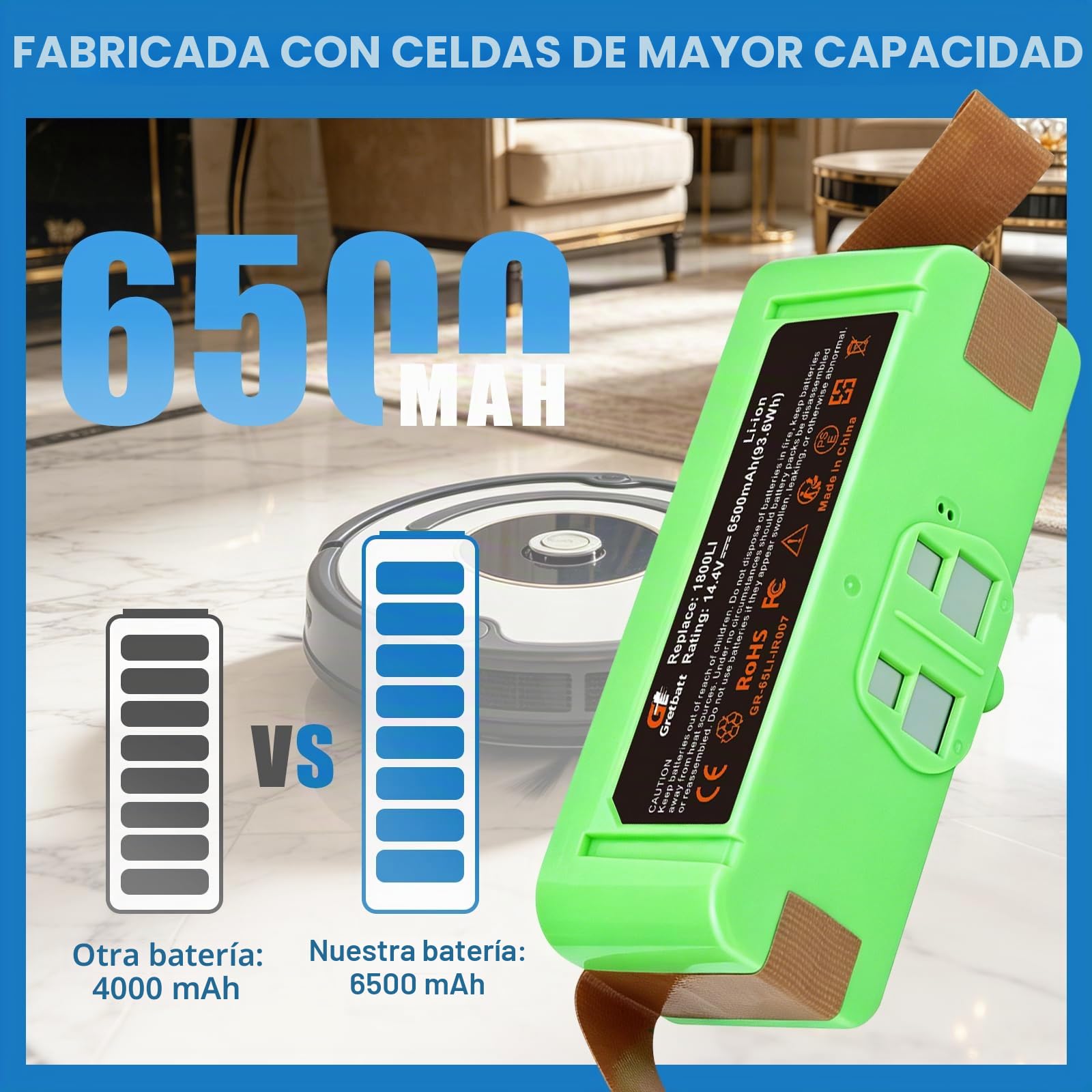 18V 6.5Ah Batería de Repuesto Li-Ion para Roomba 980