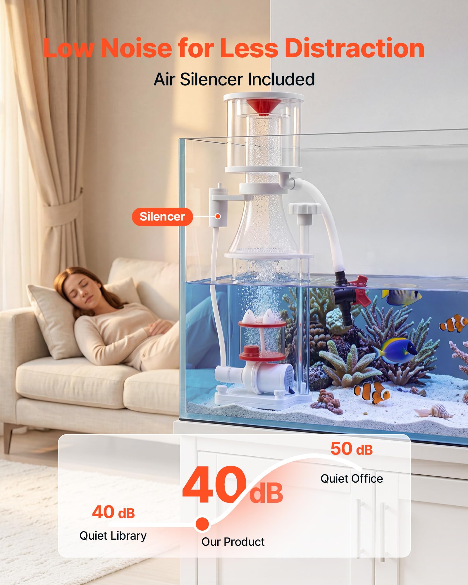 VEVOR Skimmer de Proteínas 379 L para Acuarios de Agua Salada de 200-400 L, Con Bomba de Paletas de CC, Control Ajustable, Funcionamiento con Bajo Nivel de Ruido, Entrada Máxima de Aire de 300 L/H