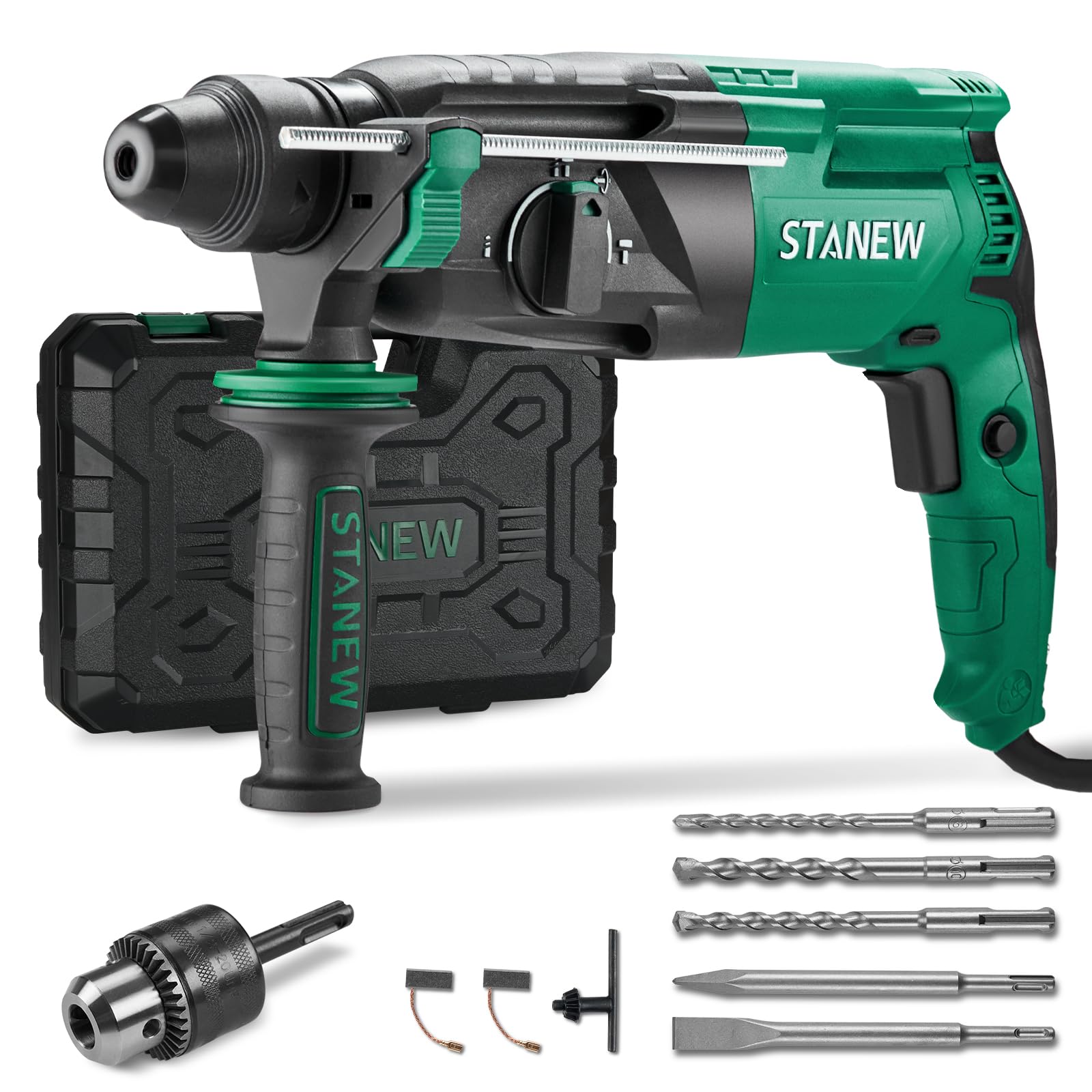 Taladro Percutor con cable SDS Plus 950W STANEW, Martillo perforador con 0-1150RPM/5100BPM con 4 funciones y embrague de seguridad, mango giratorio de 360°